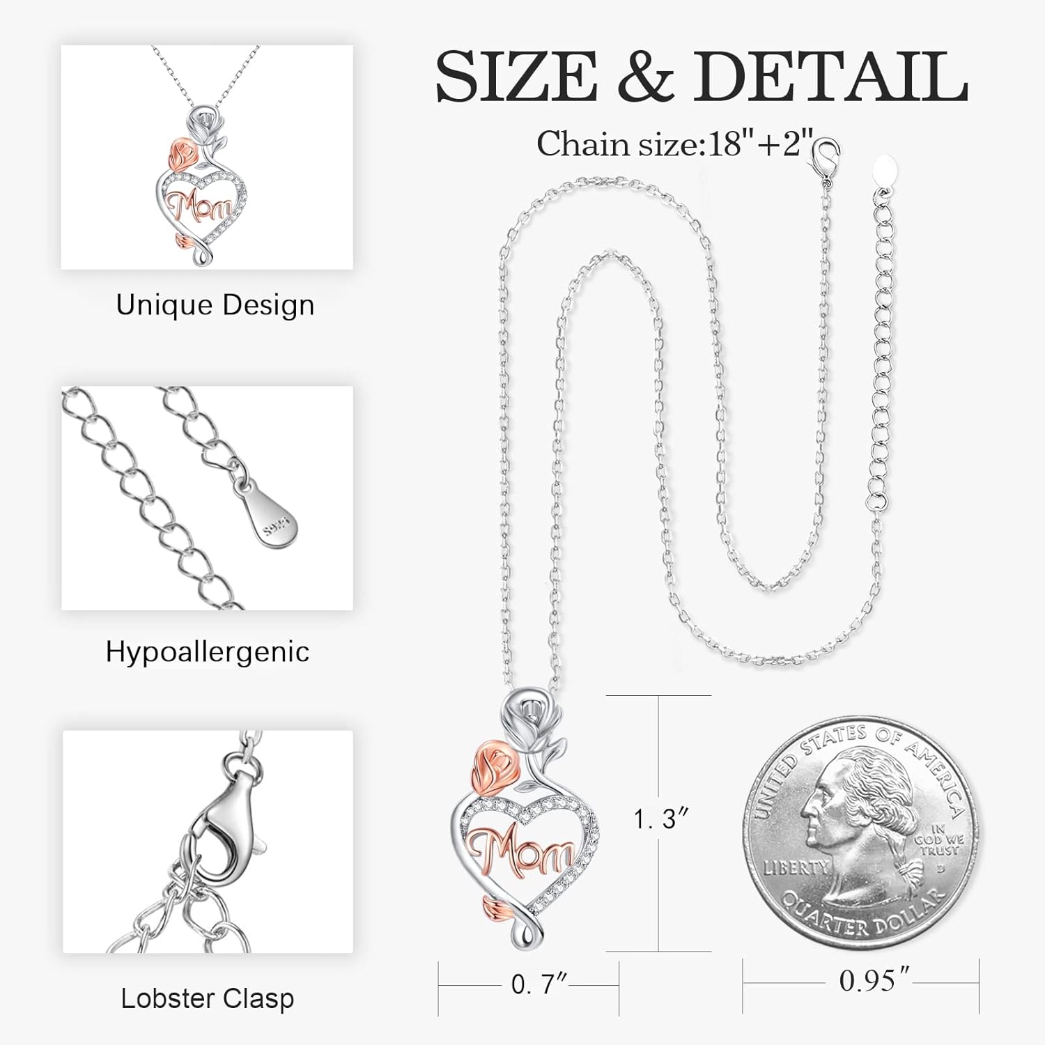 Desimtion Gifts for Mom, Sterling Silver Heart Rose Necklaces for Mom, Valentine's Day Birthday Jewelry Gifts for Women Her Girlfriend Wife - Image 5