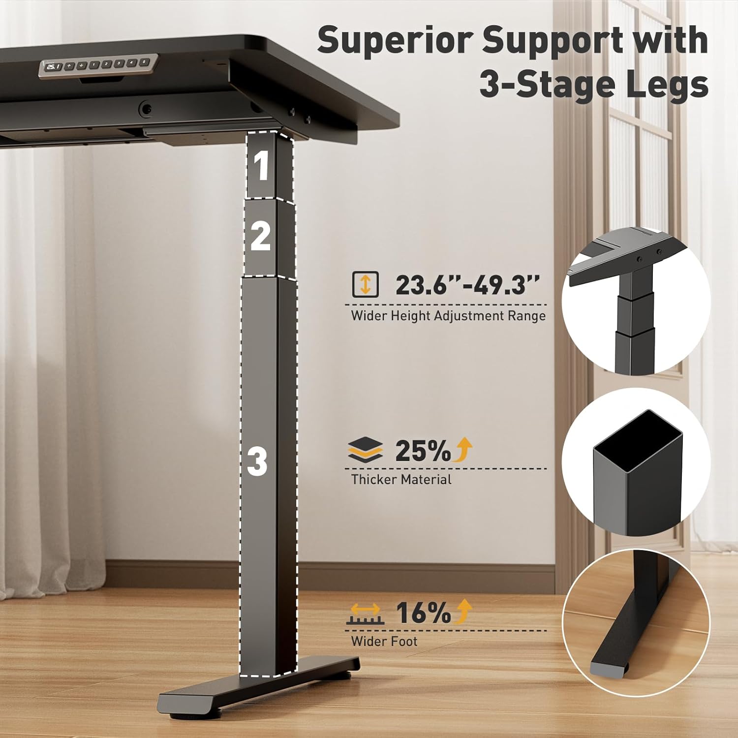 Dual Motor 3-Stage Electric Standing Desk Frame, 242 lbs Load Capacity, 32mm/s Speed, Height Adjustable Sit Stand Desk, Ultra Stable Ergonomic Home Office Workstation Black