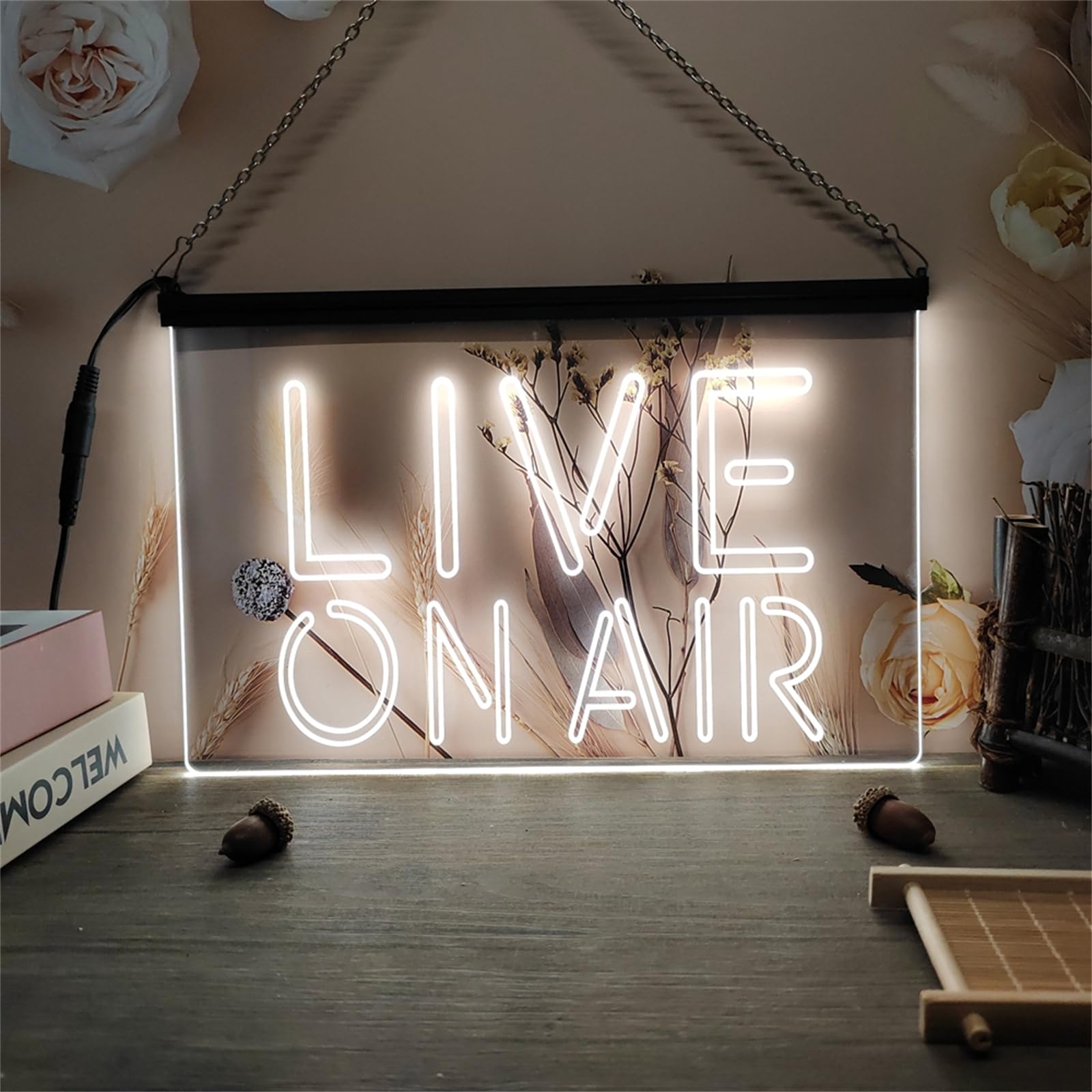 Live On Air Neonowy szyld do dekoracji ścian – ściemniane neony LED z zasilaniem USB, idealne do studia podcastowego i klubu muzycznego,White,30x20cm