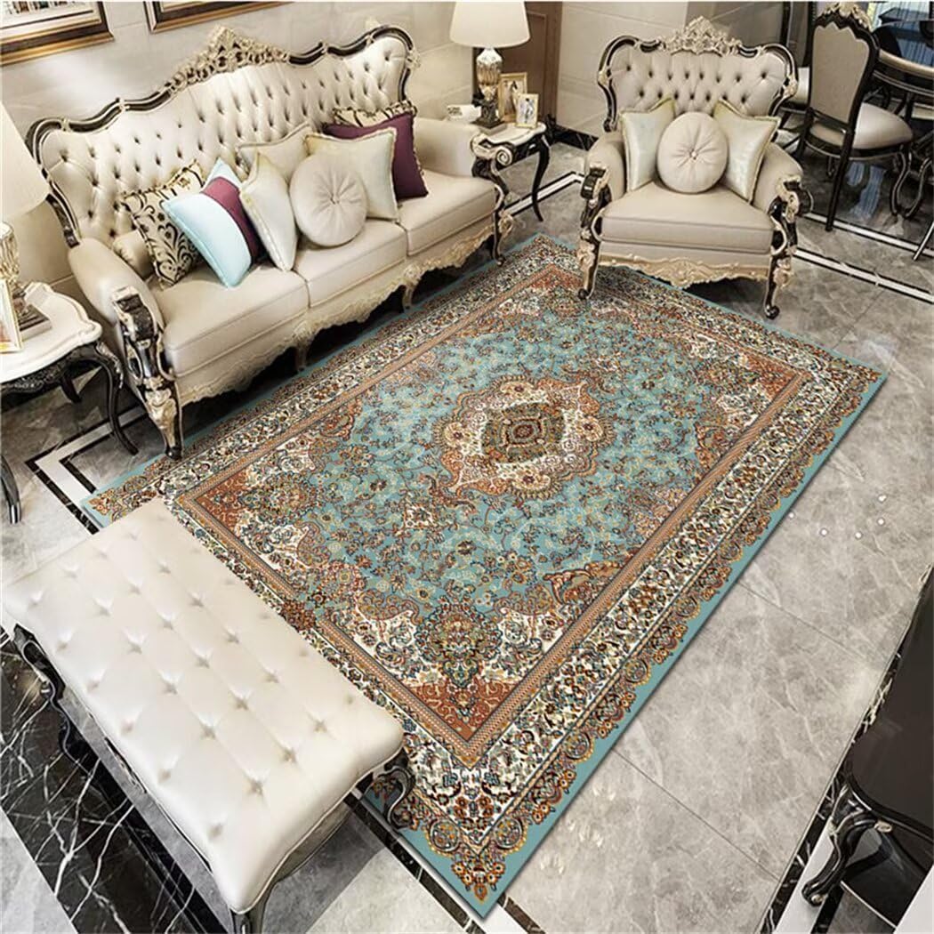 Tapis de salon bleu 60x110 cm vintage à poils courts imprimé floral rétro chic