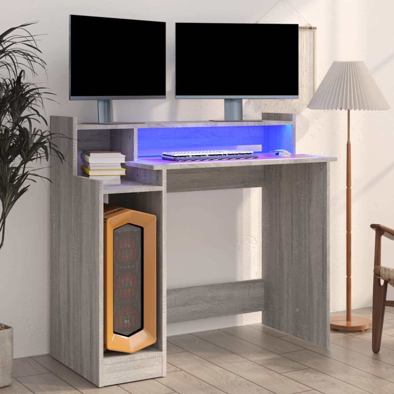 Homgoday Scrivania con Luci LED Grigio Sonoma 97x45x90 cm in Multistrato, Scrivania per Computer, Scrivania Salvaspazio, Tavolo Ufficio, Tavolo Scrivania, Scrivania Gaming per Cameretta