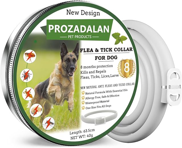 PROZADALAN Flea and Tick Collar for Dogs - Enhanced with Natural Essential Oils - 8 Months Protection - Safe & Allergy Free - Adjustable & Waterproof - Repels Fleas Ticks Lices Larve (1 pcs)