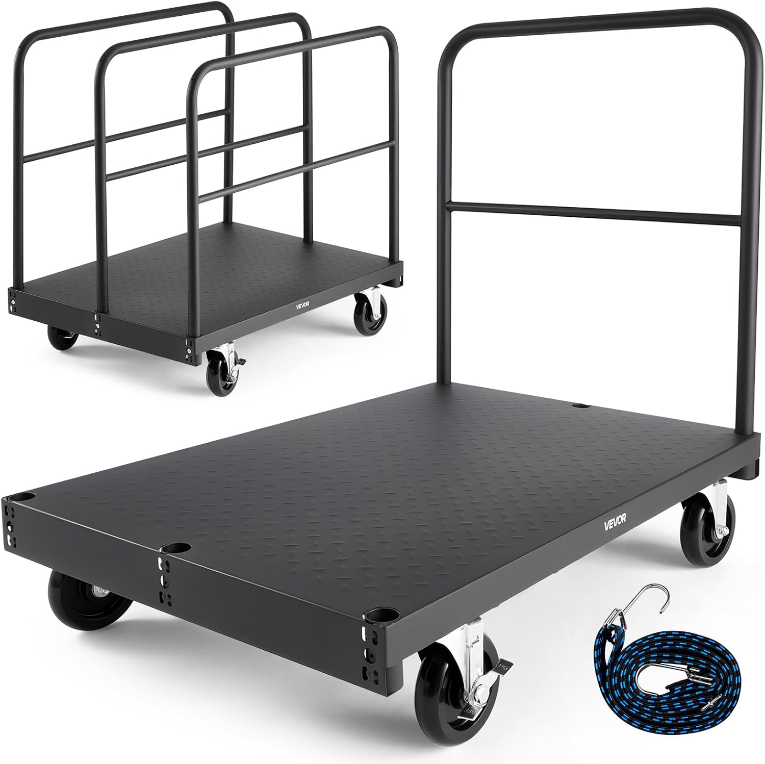VEVOR Drywall Cart Dolly, 1800 lbs Load Capacity, 2-in-1 Steel Panel Truck Cart with 5 inch Swivel Casters, 36 x 24 inch Platform Truck with 4 Side Handrails for Factory, Warehouse, Garage, Black