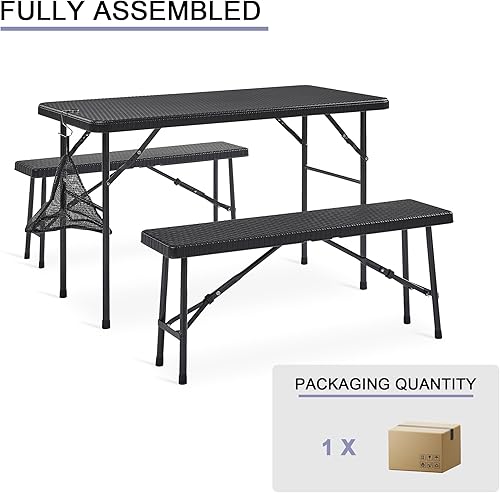 Miniatura 9 de VECELO Mesa de picnic plegable de 3 piezas con bancos, juego de patio de ratán sintético de 47.2 pulgadas con bolsa de malla, resistente al calor y