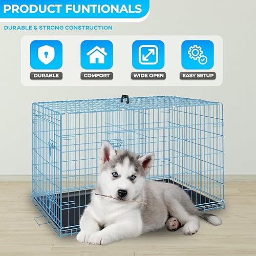 Miniatura 2 de FDW Jaula para perros medianos de 30 pulgadas plegable de metal para mascotas, doble puerta con panel divisor para interiores y exteriores, bandeja