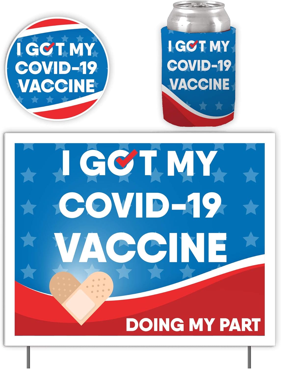 I Got My Covid-19 Vaccine Yard Sign, Can Cooler and Decal Bundle, Includes a 2-sided 11 Inch x 14 Inch Yard Sign with Stakes, Foldable Can Cooler and 5 Inch Decal (18829)