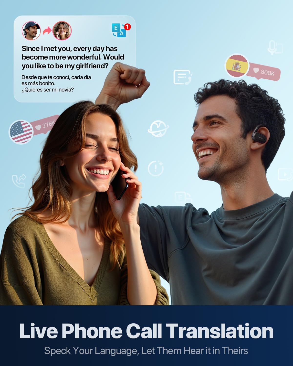 Woman using TRANSAI GO1 earbuds for live phone call translation