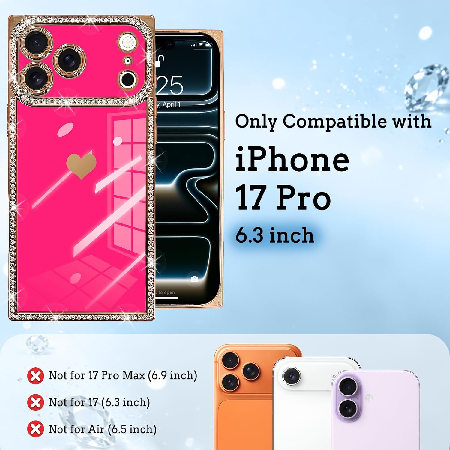 for iPhone 17 Pro Case, with Screen Protector, Rectangle Cute Heart Plating Pattern Glitter Diamond Rhinestone Cover, Shockproof Lightweight for Women Girls, Red