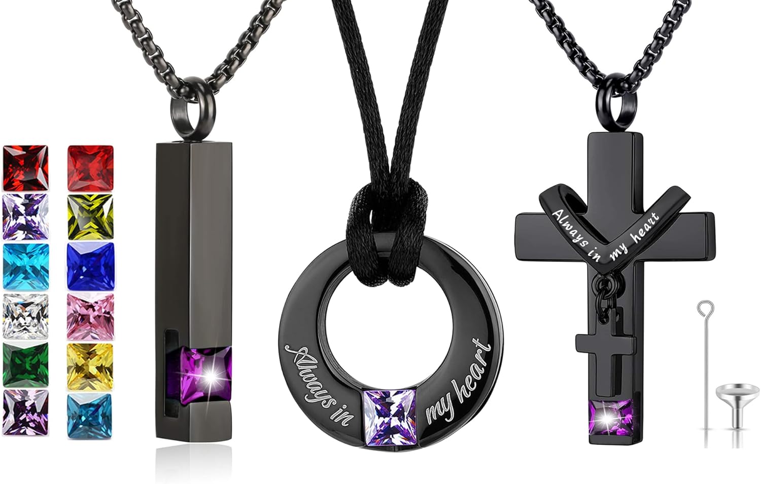 YOUFENG 3 Pieces Cremation Urn Necklaces for Ashes Keepsake Cremation Jewelry Cross Round Bar Birthstone Crystal Stainless Steel Memorial Pendant for Women Men