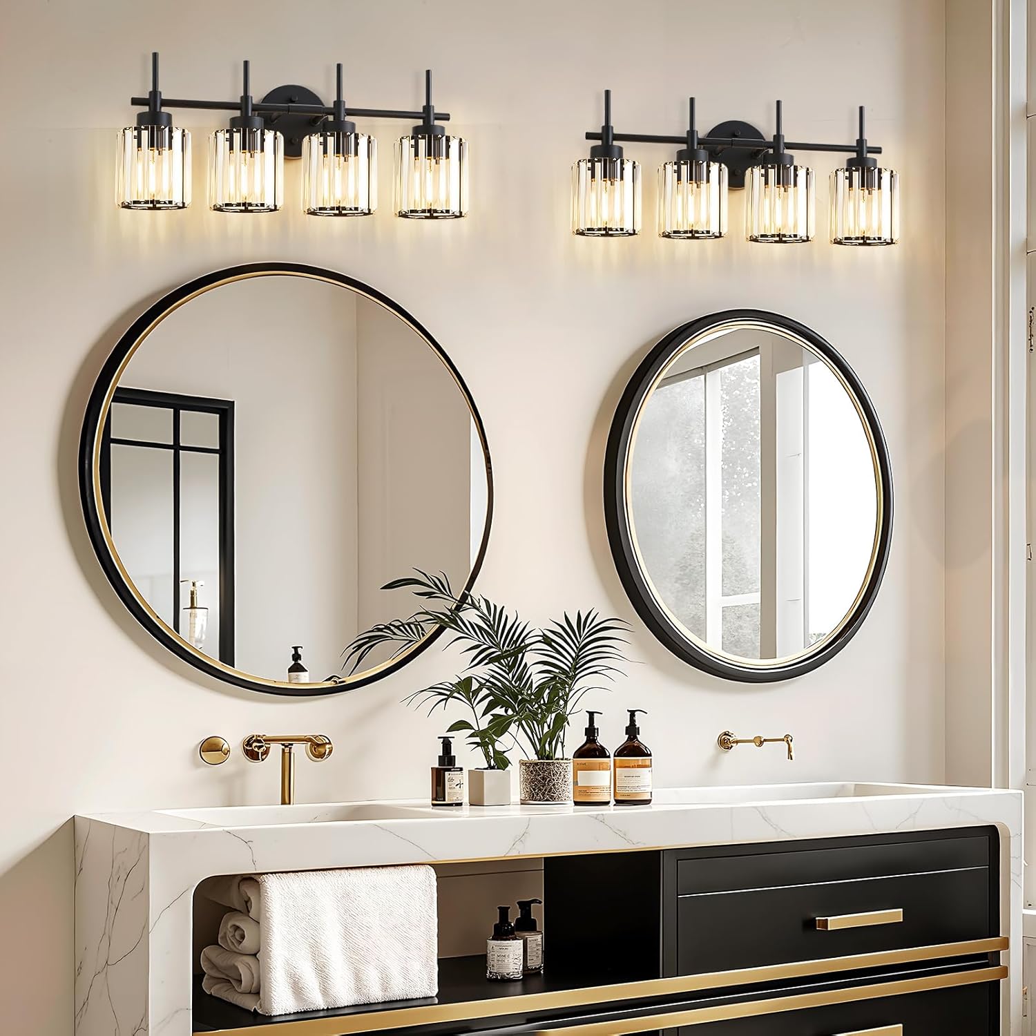 4 Light Round Crystal Vanity Lights, Modern Black Crystal Wall Light Bath Mirror Light Fixture Over Mirror Bathroom Wall Sconces for Bathroom Living Room