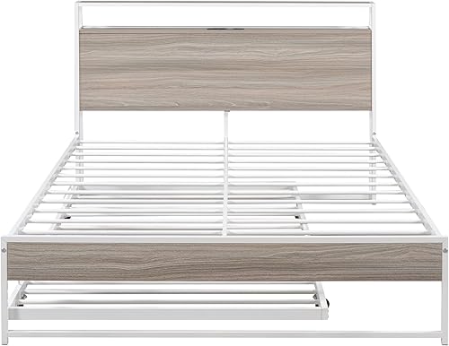 Miniatura 6 de Harper & Bright Designs Cama de plataforma Queen con nido y puertos USB, marco de cama Queen de metal con cabecera de almacenamiento y soporte de
