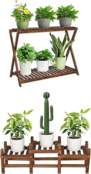 Wooden 2 Tier Narrow Plant Shelf and 3 Tier Low Plant Stand