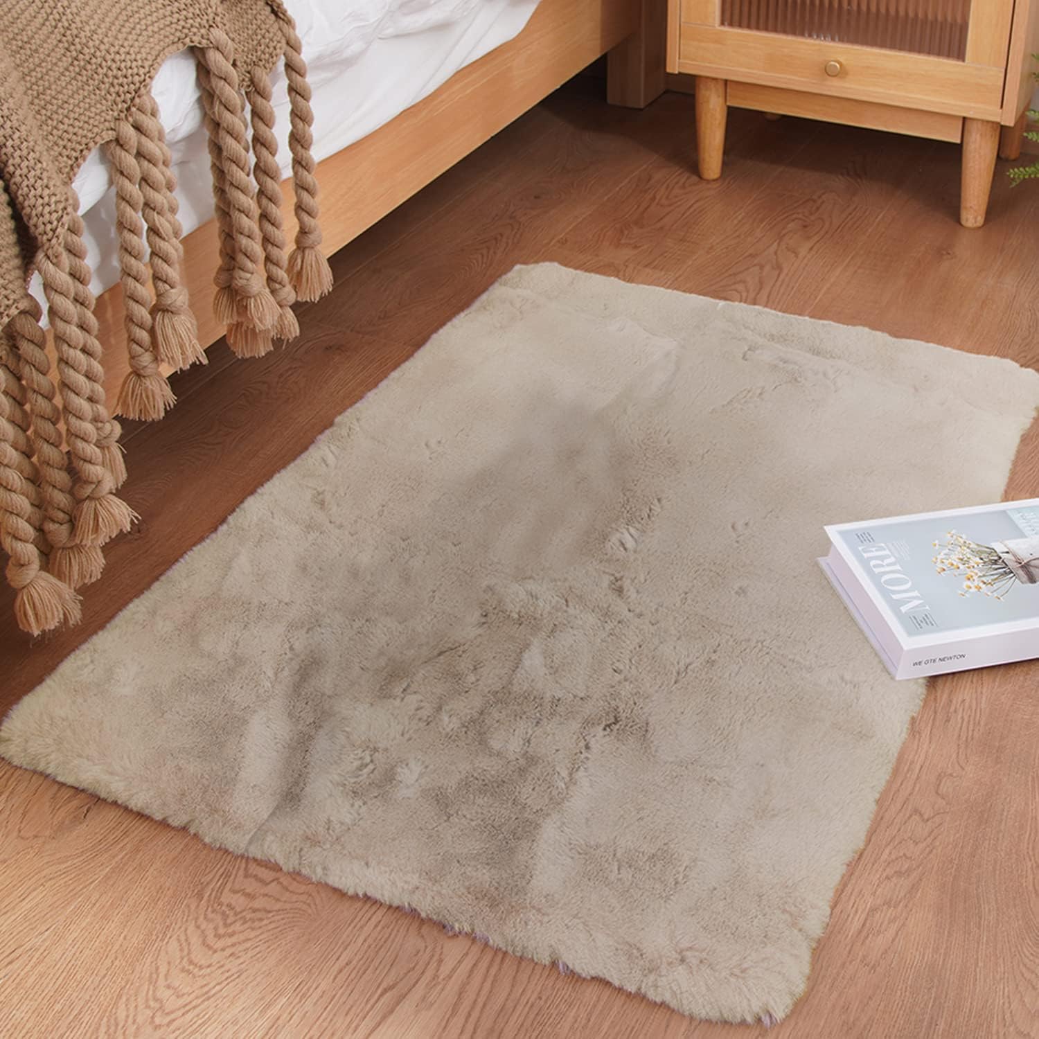 Premium Rabbit Fur Rug for Bedroom Thick Fluffy Rug, Non-Shedding Fuzzy Rug Washable Area Rug Shaggy Nursery Rugs Indoor Floor Carpets for Bedside Sofa Living Room (Beige, 15x30)-image-13