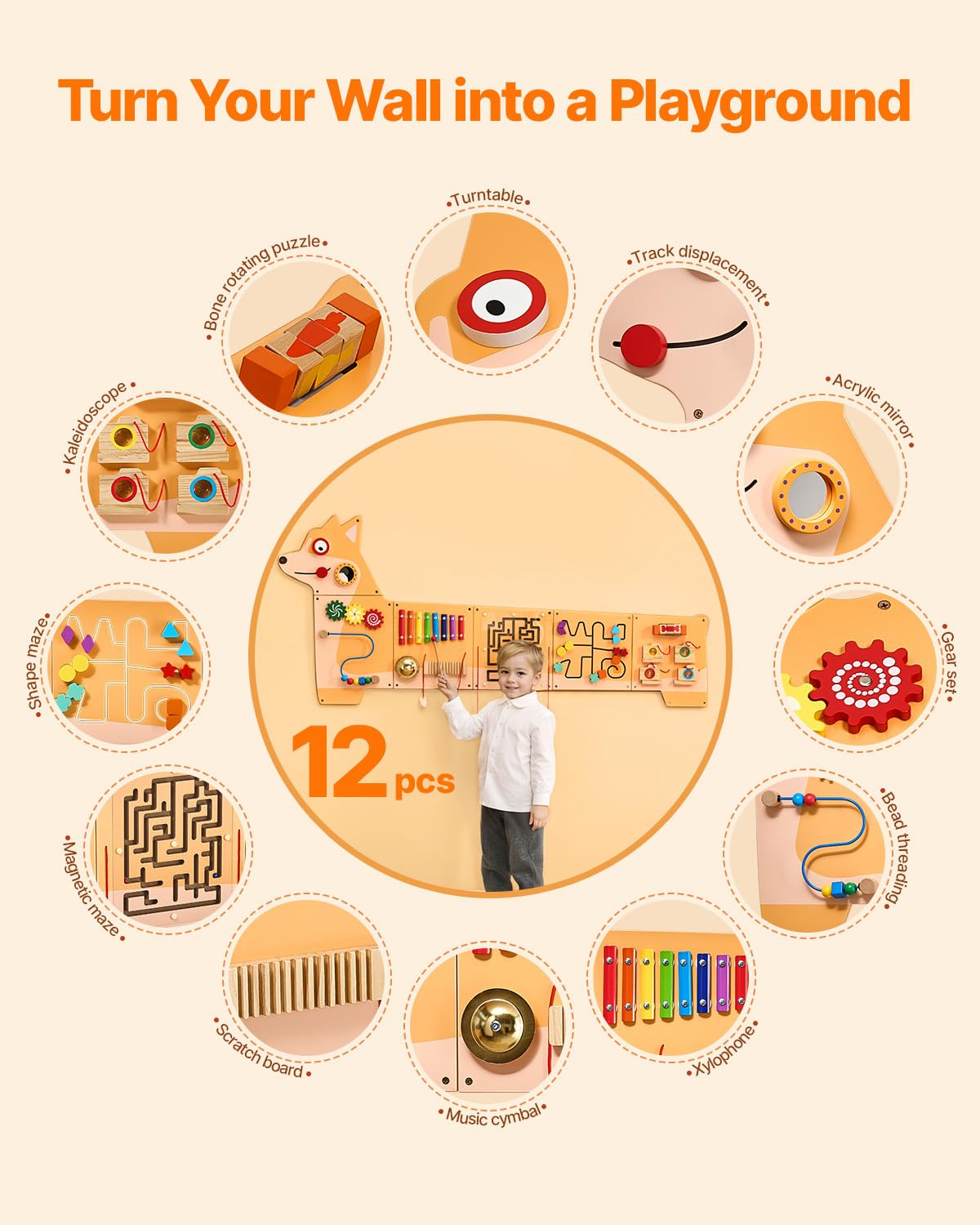 VEVOR Panneaux Muraux d'Activités Chiot, 12 Jeux, Jouet Mural Sensoriel Montessori pour Enfants 3-12 Ans, Centre d'Activités d'apprentissage, Salle de Jeux des Tout-Petits, Crèche, Salle de Classe