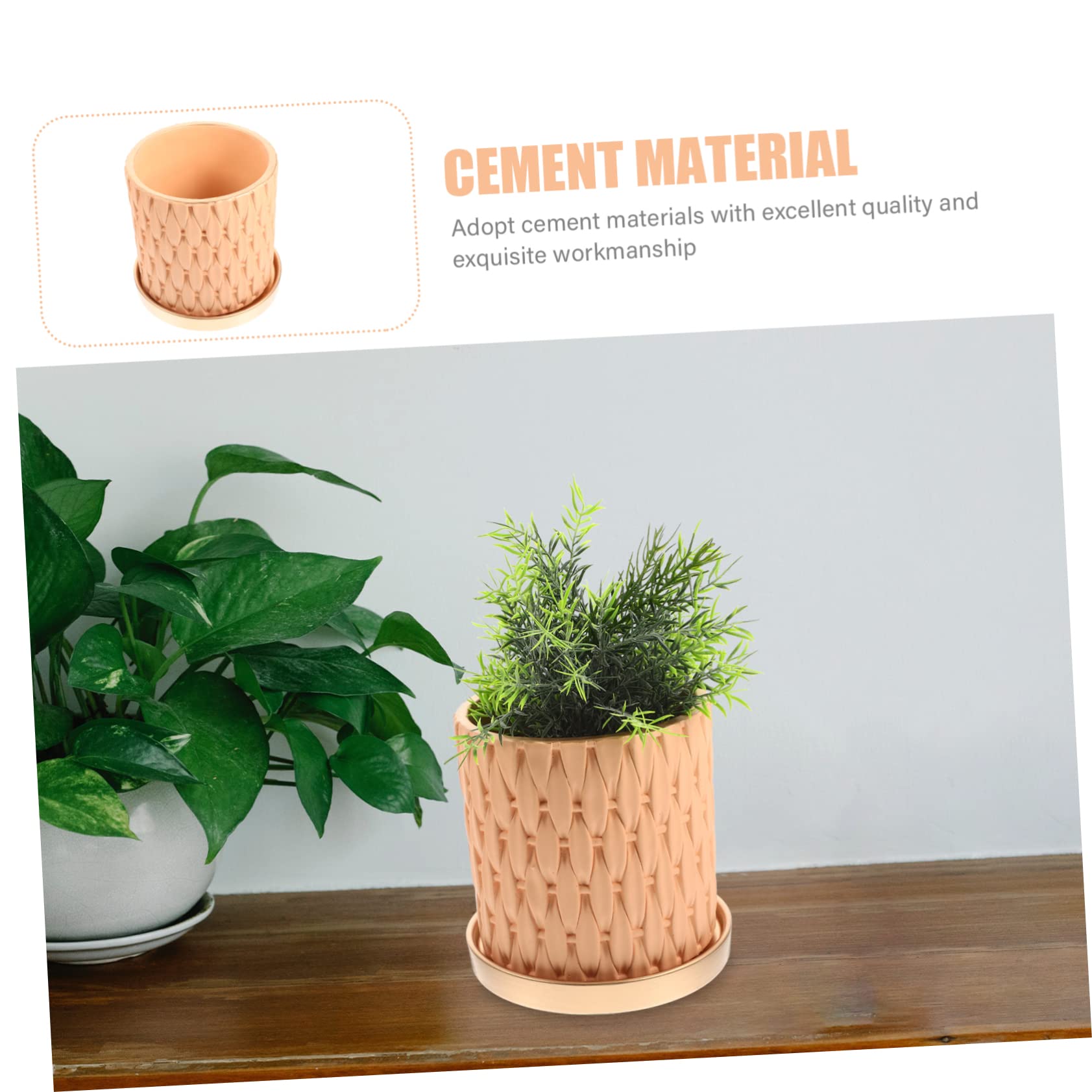 BESTonZON Pot de Fleurs en Ciment Orange avec Plateau, Léger Style Européen Simple, Jardinière Ronde Imitation Tressage pour Plantation Intérieure et Jardinage