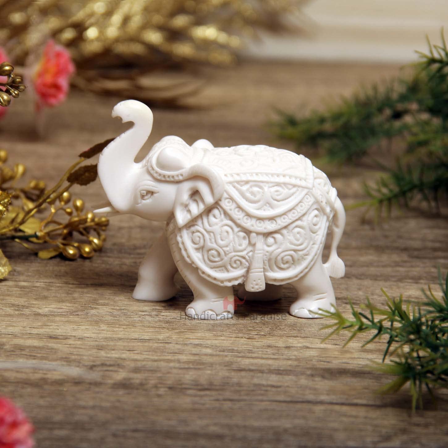 Handicrafts Paradise Resin Trunk Up Elephant Marble Finish Showpiece for Home Decor Return Gift (White, 4 X 2 X 3 Inch)
