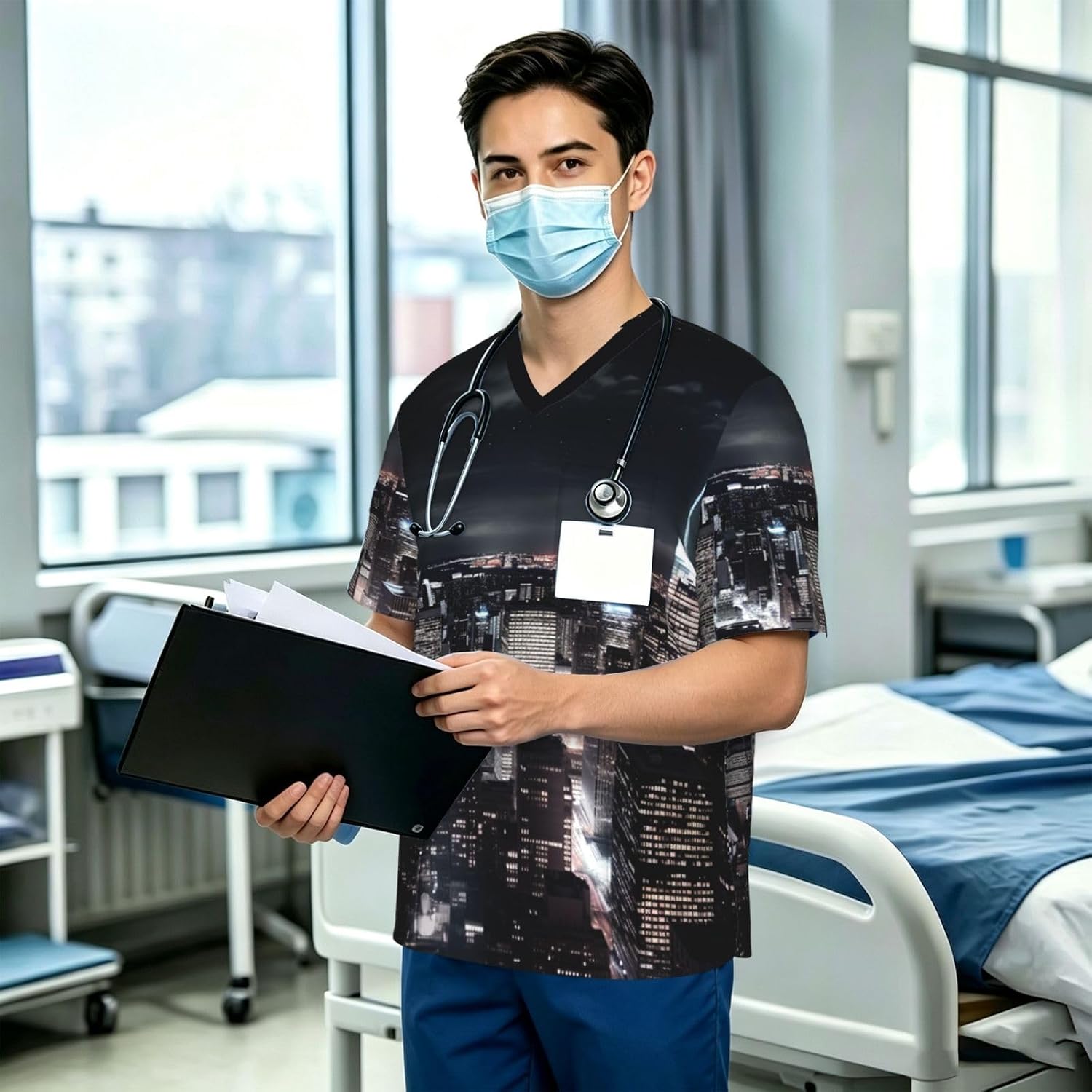 Professional Scrub Tops for Men, Classic V-Neck Workwear with 3 Pockets