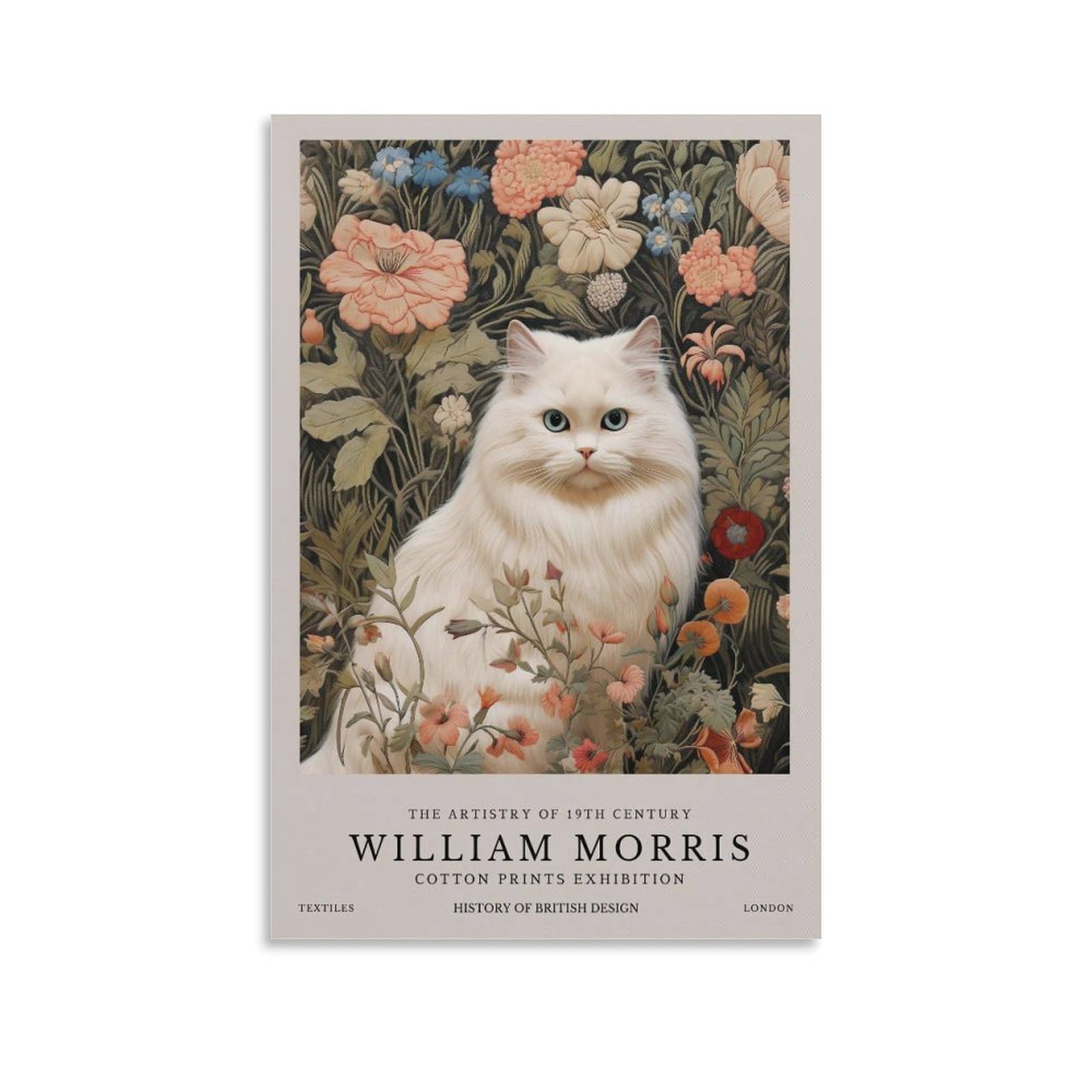 William Morris Vintage White Cat Flower Plant Poster Wall Decor For Bedroom Canvas Painting Bathroom Art Wall Decor 24x36inch(60x90cm)