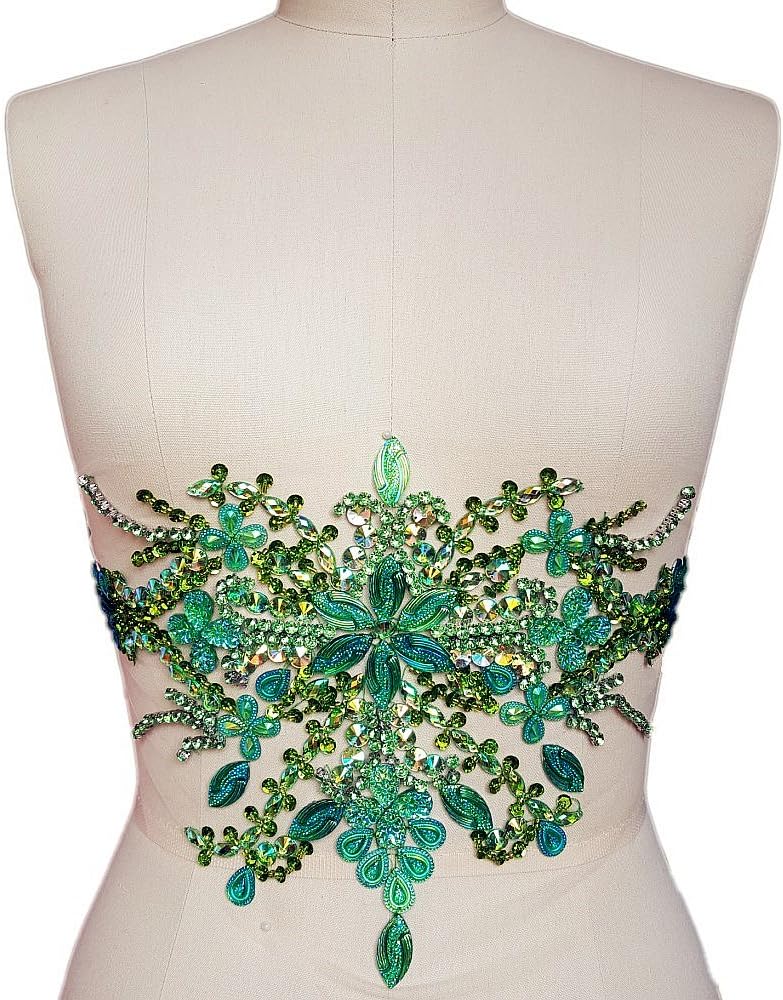 Gorgeous Pure Handmade Beaded Bling Bright Crystal Patches Sew on AB Rhinestones Waist Decoration Applique with Stones Sequins Beads DIY Craft Belt for Wedding Dress Decor Decorations (Green)