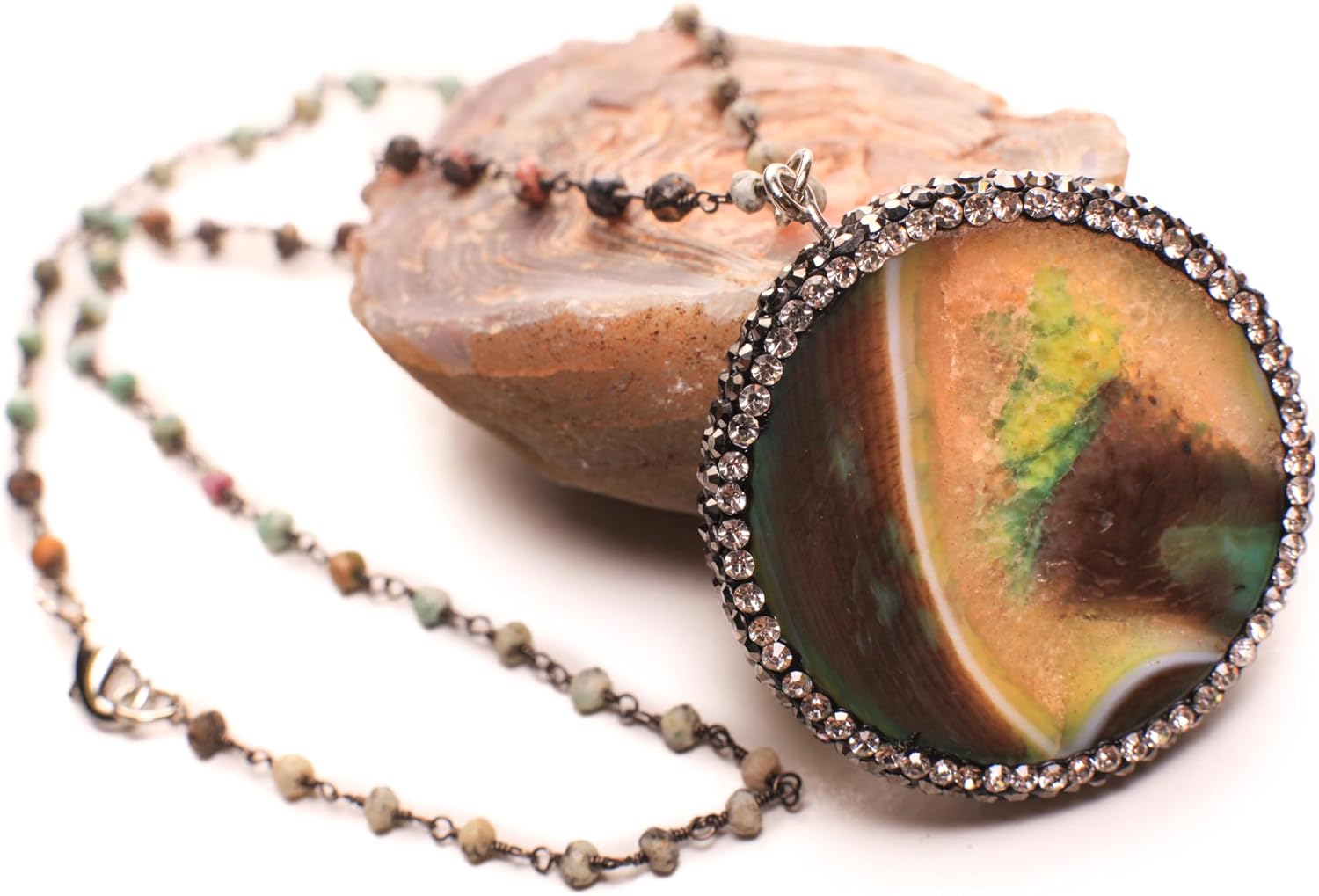Banded Lace Agate, 35mm Yellow Green Striped Agate Rhinestone Healing Crystal Pendant necklace 4mm Faceted Chrysocolla Wire Wrapped chain