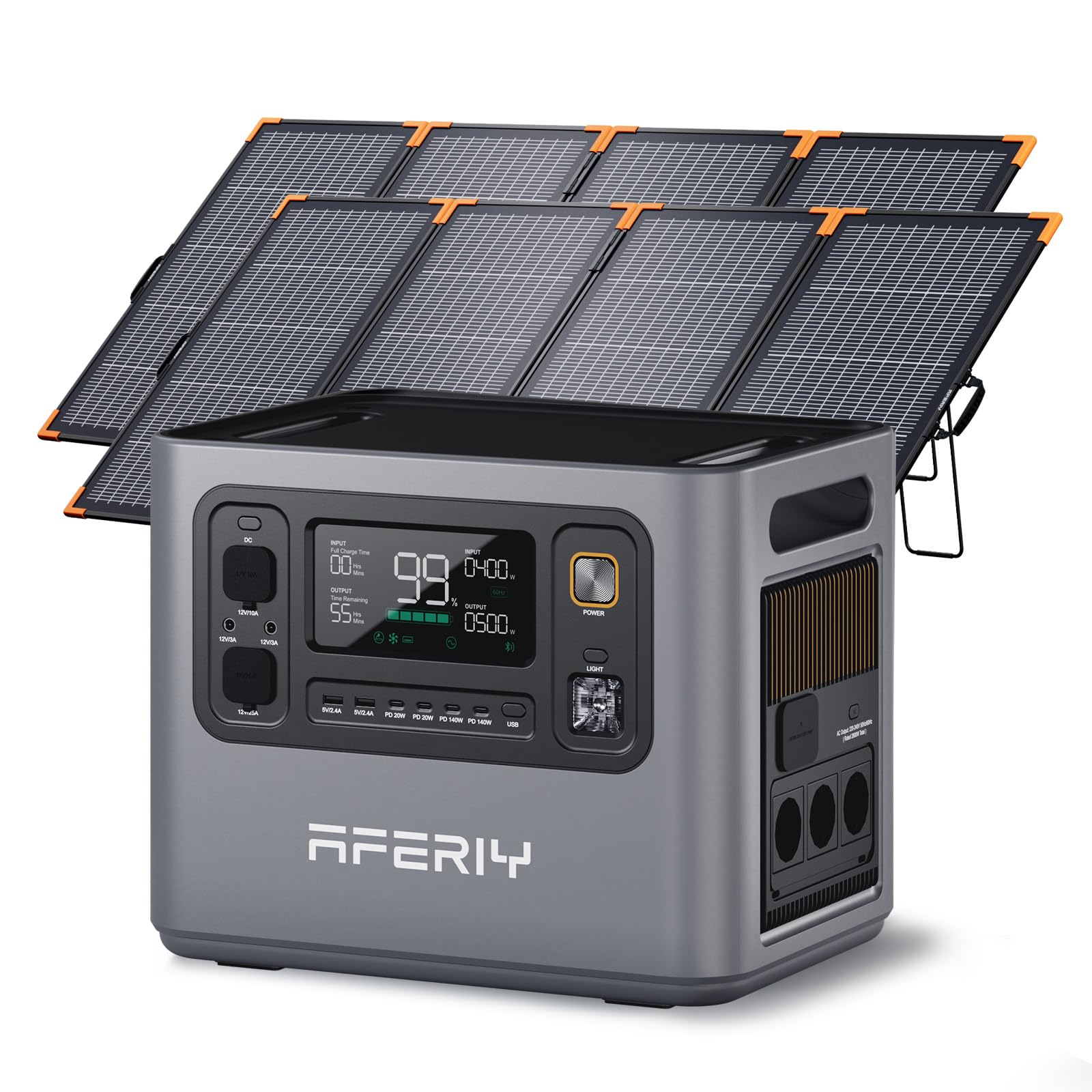AFERIY 3000 W 2048Wh Generatore elettrico portatile con pannello solare 2 x 400 W con telaio in alluminio, P300 stazione elettrica espandibile a 10,24 kWh, 220 V-240 V, batteria Nomade per campeggio