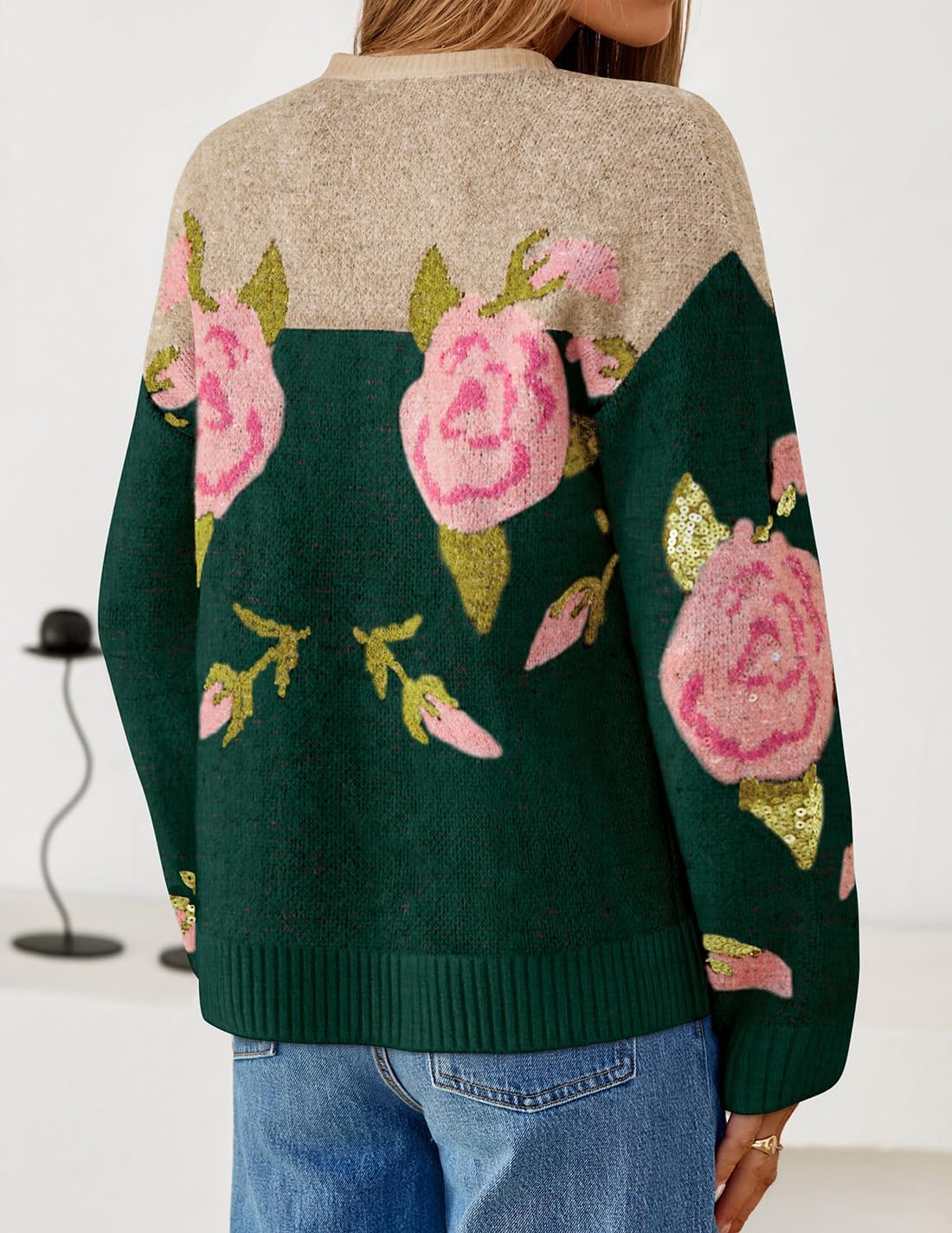 ZESICA Women's Floral Oversized Sweaters 2026 Fall Crewneck Long Sleeve Casual Chunky Knit Pullover Sweater Tops - Image 4