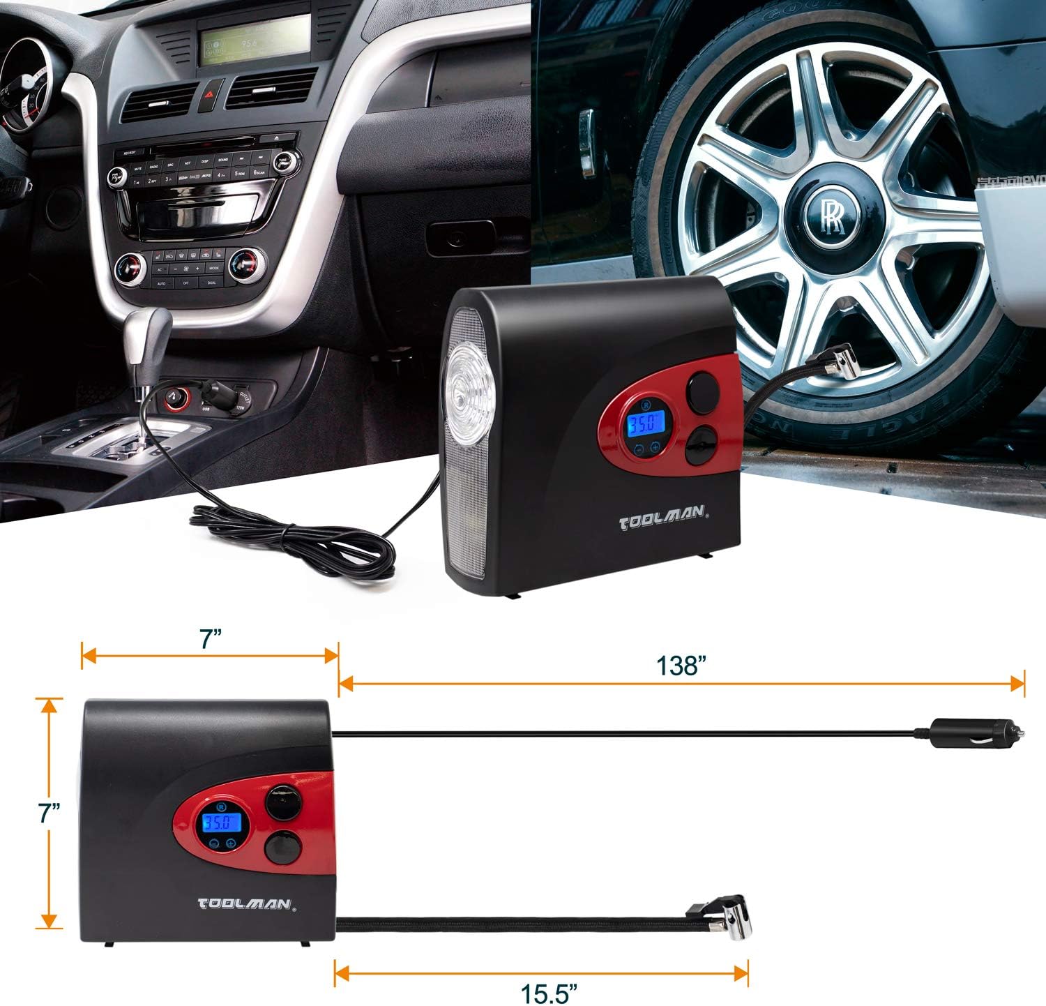 Toolman Digital Tire Inflator connected in a car interior next to a tire
