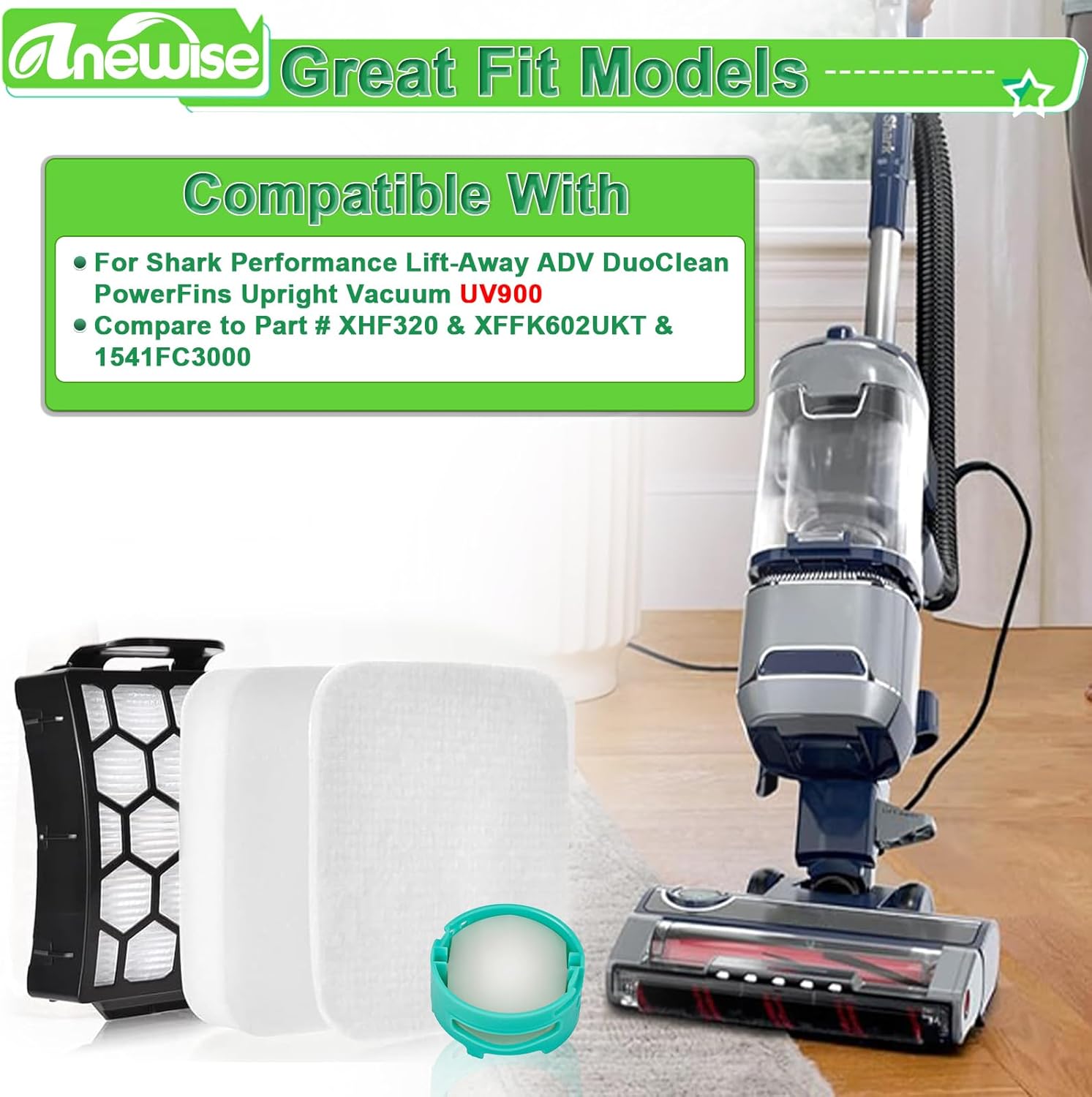 Filter Replacement for Shark UV900 UV950 Pet Performance Lift-Away DuoClean PowerFins Upright Vacuum, 2 HEPA +4 Foam Felt Filters+4 Odor Neutralizer Cartridges, Part #XFFK602UKT, XHF320
