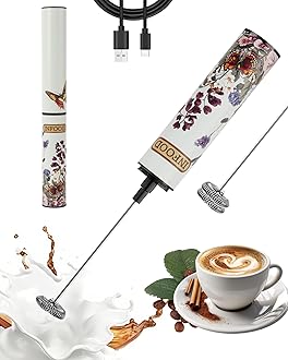INFOOD Milk Frother Rechargeable with Cover - Coffee Frother Wand, Drink Mixer Handheld with 2 Detachable Stainless Whisks 2 Speed Adjustable for Latte, Cappuccino, Hot Chocolate, Egg, White Floral