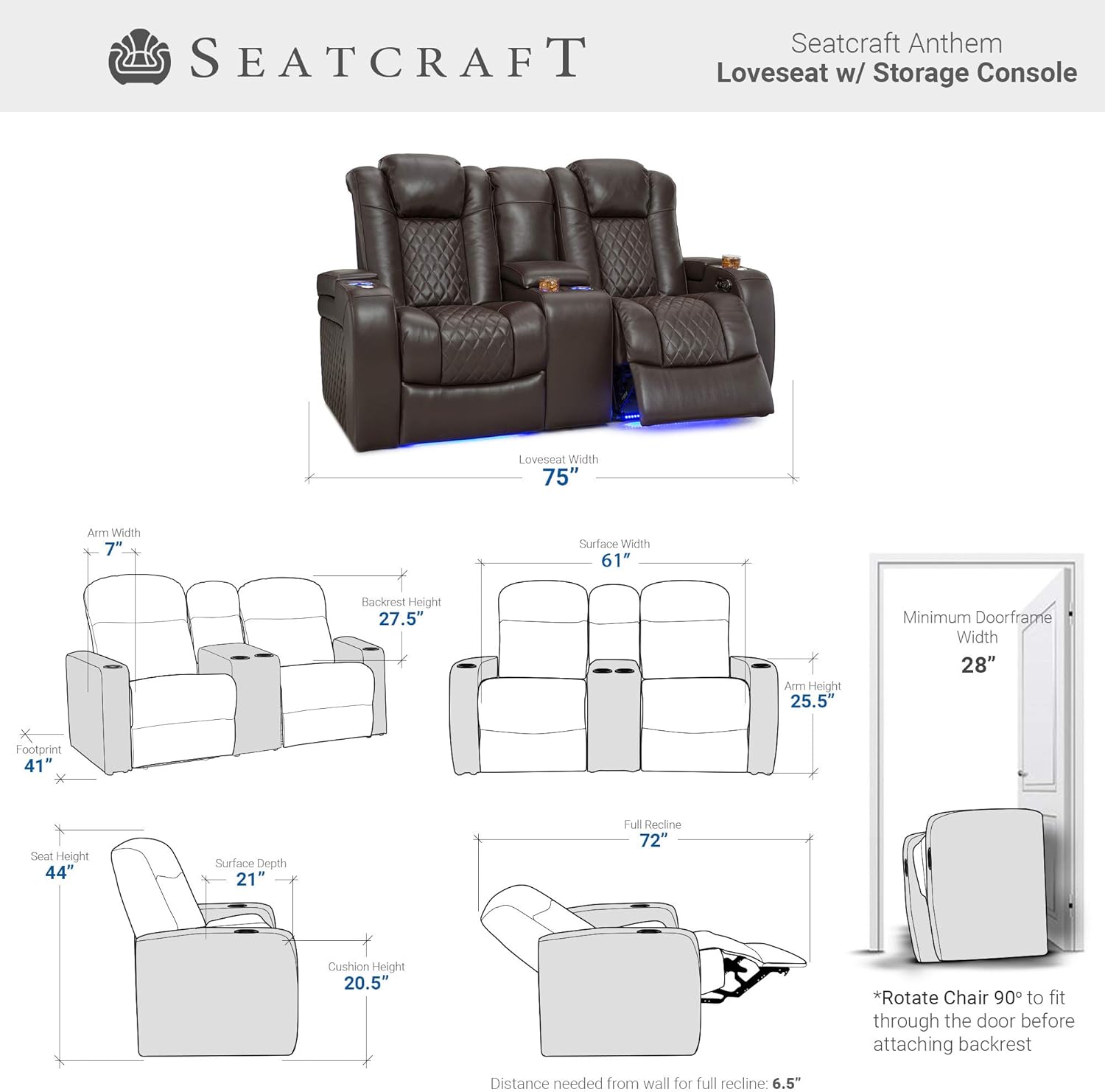 Seatcraft Anthem Home Theater Seating - Italian Leather - Power Recline Loveseat - Center Storage Console - Powered Headrests - Arm Storage - USB Charging - Cup Holders, Brown