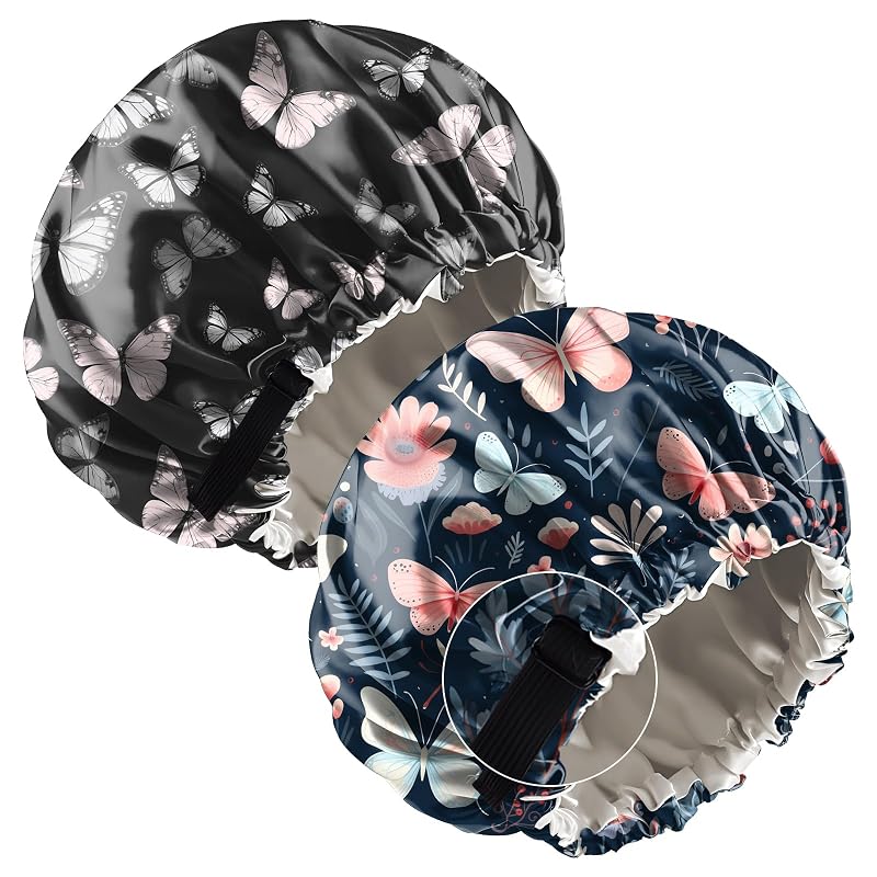 Toucas de banho Deokke em cetim com camada dupla e tira elástica ajustável, estampas flor e borboleta, pacote com 2