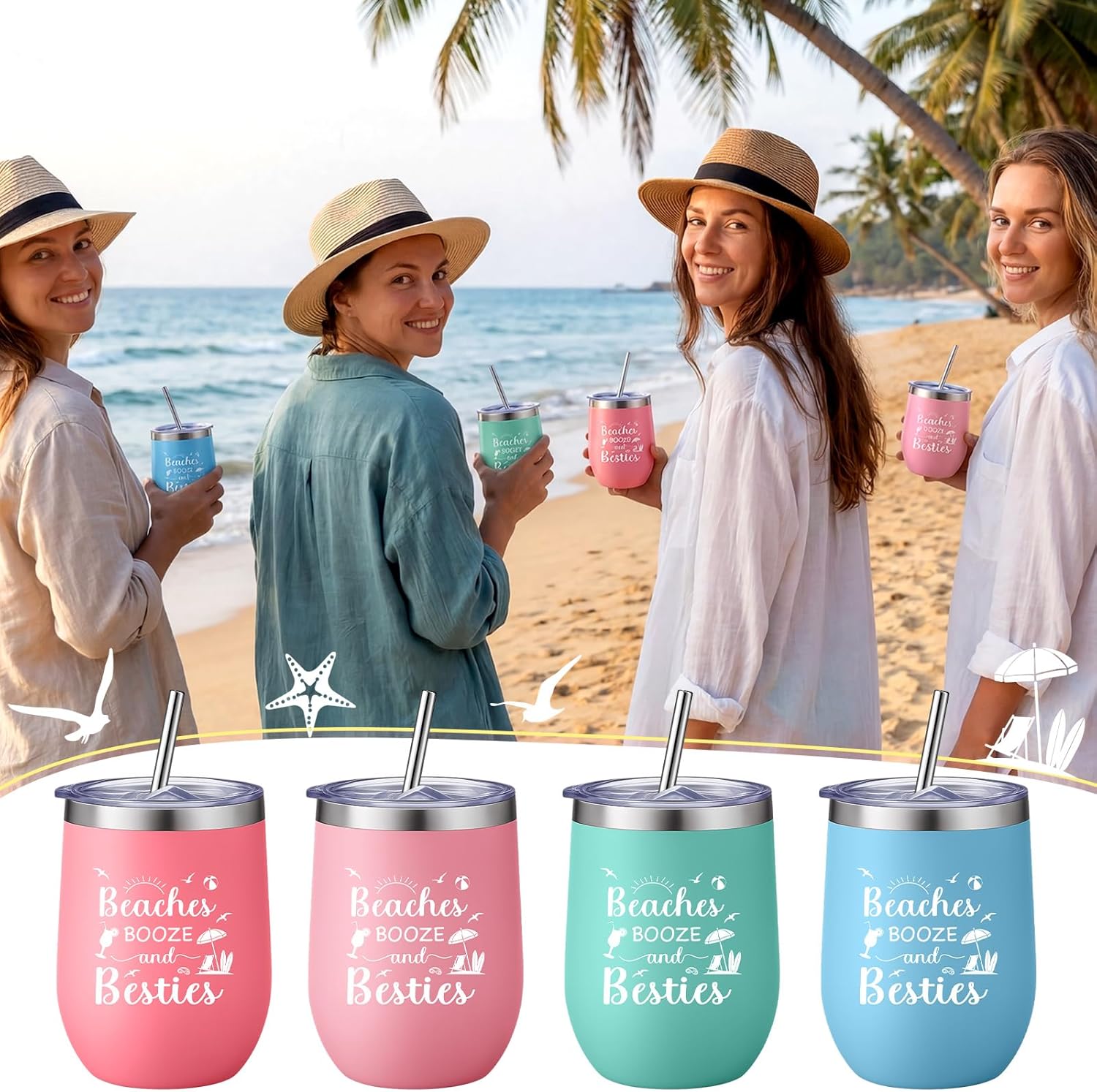 Patelai 4 Pcs Beach Girls Trip Tumbler Cups for Women Summer Beach Trip Gifts Favors Travel Gifts 12oz Vacation Cups for Friend Sister Vacation Organization(Where My Beaches at)