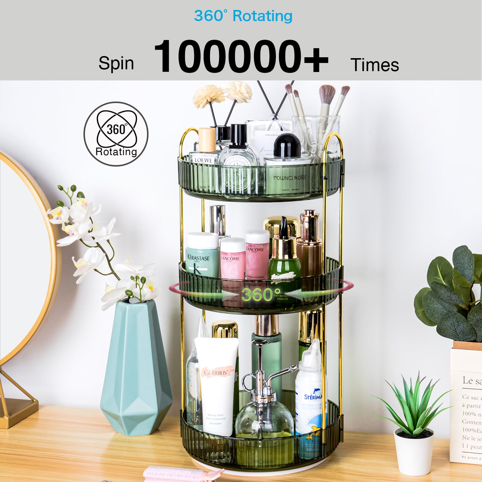 Um 360 Grad drehbarer Make-up-Organizer, große Kapazität, drehbarer Parfüm- und Kosmetik-Hautpflege-Halter für Schminktisch und Arbeitsplatte, (Gem Green, 3 Etagen)