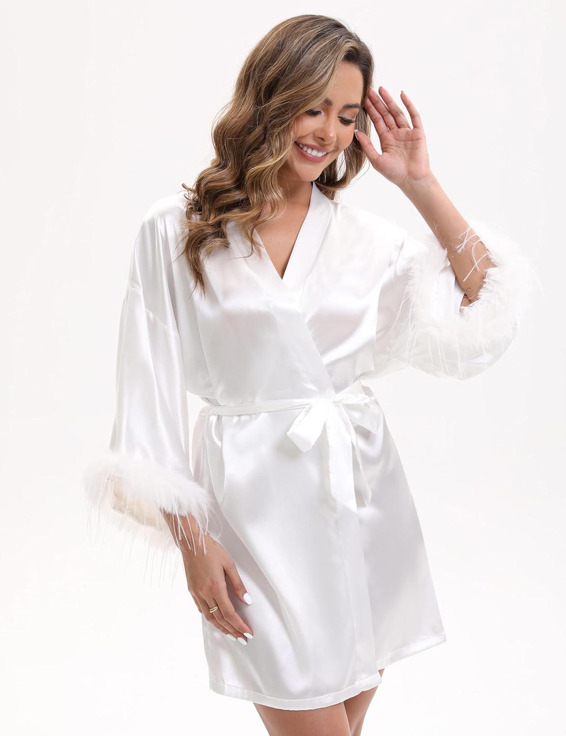 EPLAZA Bride Robe for Wedding Day Bridal Robes Feather Trim Satin Silk Robes Women Bachelorette Party Getting Ready Outfits - Image 4
