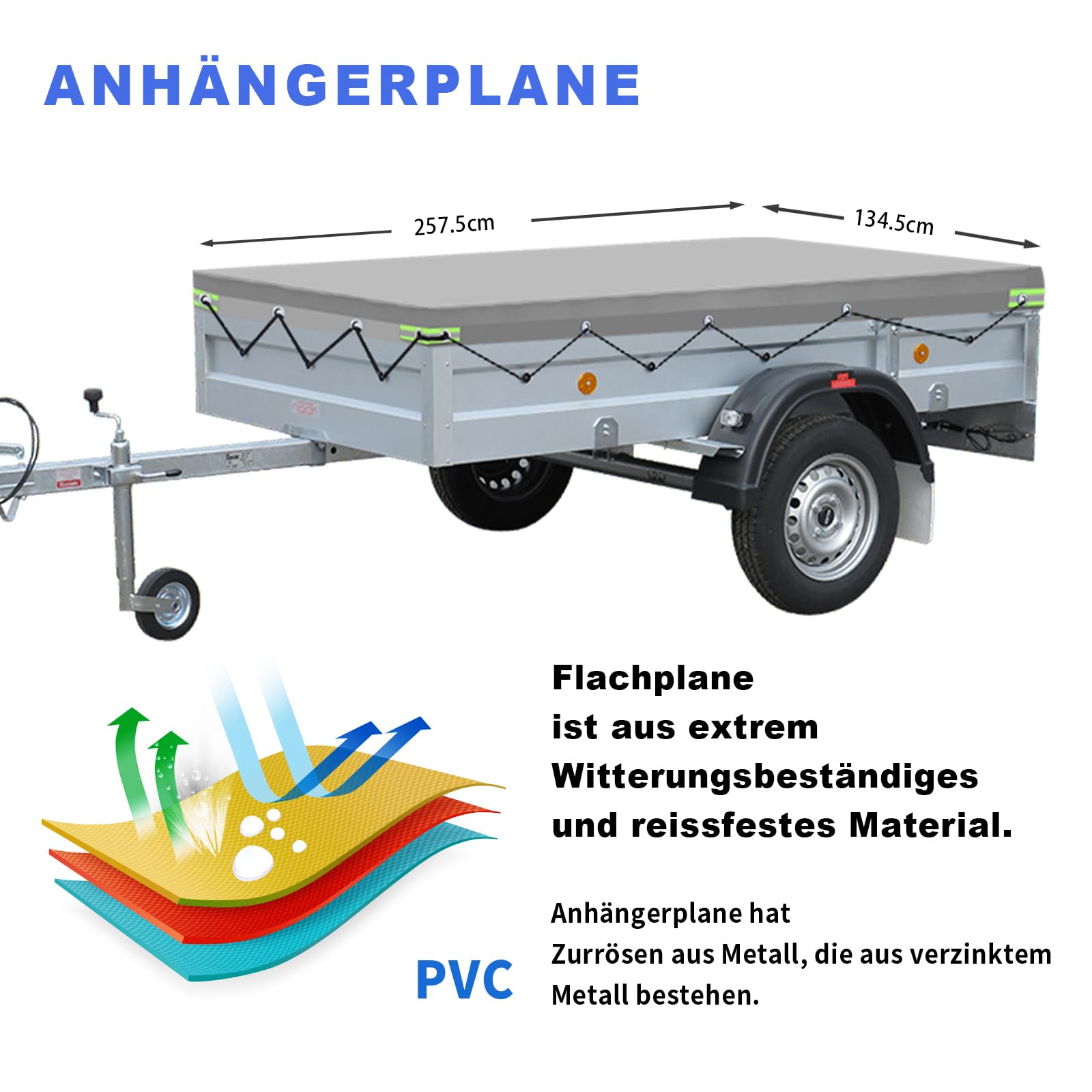 Bâche Remorque 257.5x134.5cm, IMPERMÉABLE Protection Plate, Idéal pour Trelgo NFB250/254, Stema Alu STL 1300/ST/SH 01/02, Pongratz LPA/EPA250, Saris Pearl Unsinn WEB14, 750/850/1000/1300/1500kg