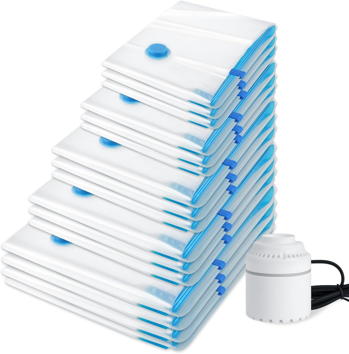 24 Pack Vacuum Storage Bags with Electric Pump，Space Saver Bags（5 Jumbo/5 Large/5 Medium/5 Small/4 Roll）,Compression for Comforters and Blankets, Sealer Clothes Storage