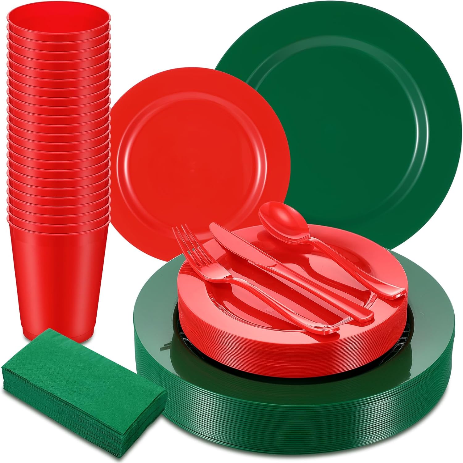 Tioncy 175 Pcs Christmas Plastic Dinnerware Sturdy Red Green Xmas Disposable Party