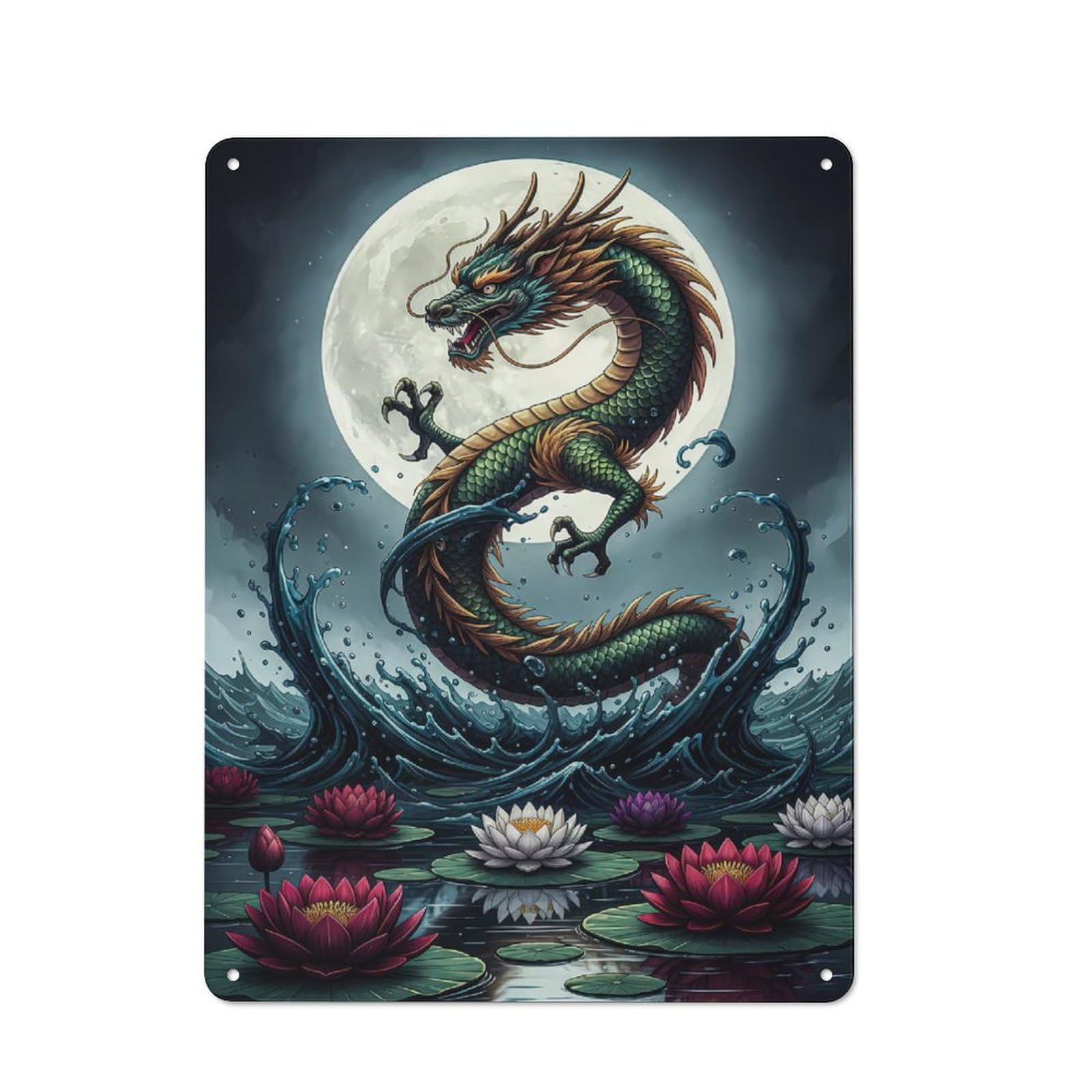 Dragon And Lotus Flowers Tin Sign 40x30cm, Creative Studio Wall Plaque for Hobby Room, Office, Lounge Or Living Room