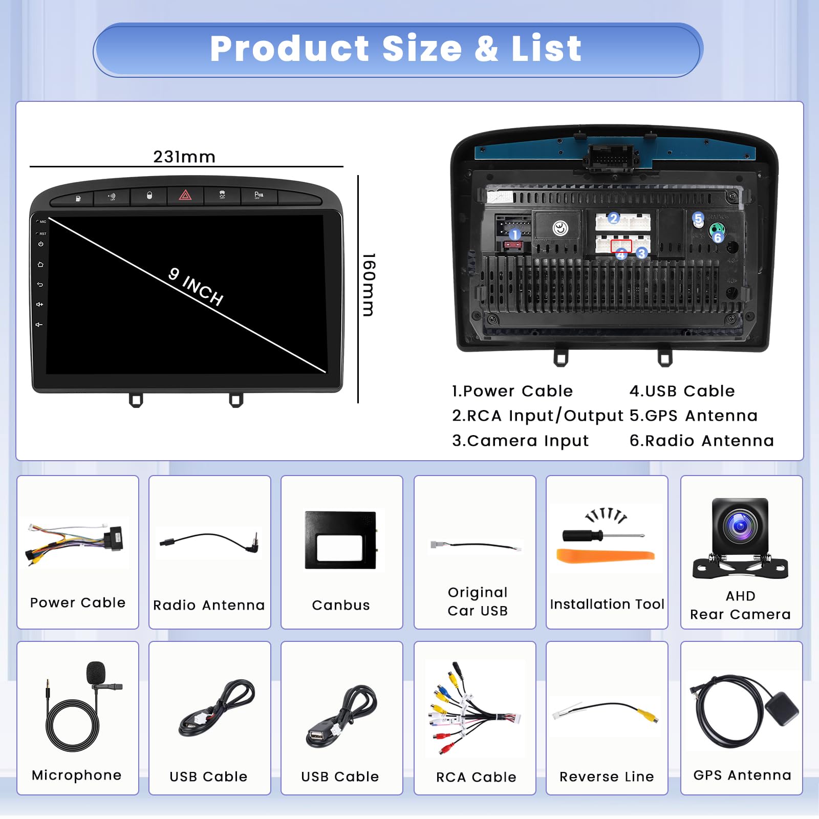 Hikity [8-rdzeniowy 2+64G] Android 15 Radio, bezprzewodowe CarPlay Android Auto, dla Peugeot 308/408 2007-2013, 9-calowy ekran, Bluetooth, Mirror Link, Nawigacja GPS, WiFi, DSP, FM, RDS, SWC