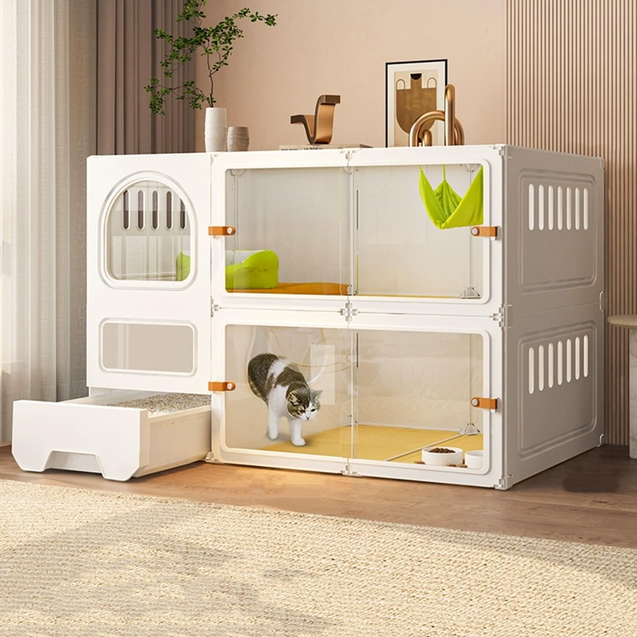 YLEPHNE Cat Cage Indoor with Cat Litter Box, Transparent Cat Villa, Cat Enclosure for Happy Feline Friends(White,106x46x71cm)