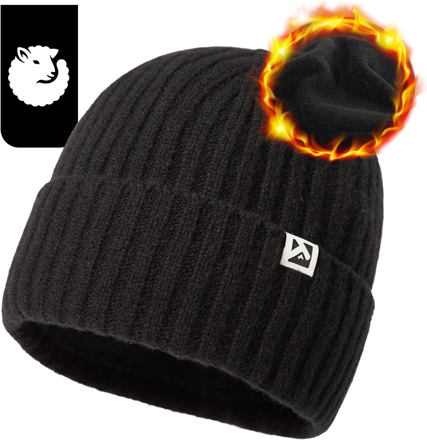 TOP-EX PolarWool™ L/XL/XXL 100% Merino Wool Beanie Fleece Lined Hat Watch Cap for Cold Weather Winter Warm