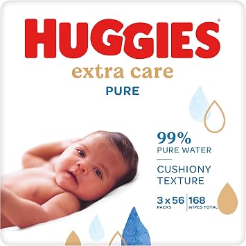 Huggies Pure Extra Care, Baby Wipes - 3 Packs 168 Wipes Total - 99 Percent Pure Water Wet Wipes - Fragrance Free to Clean and Protect Sensitive Skin