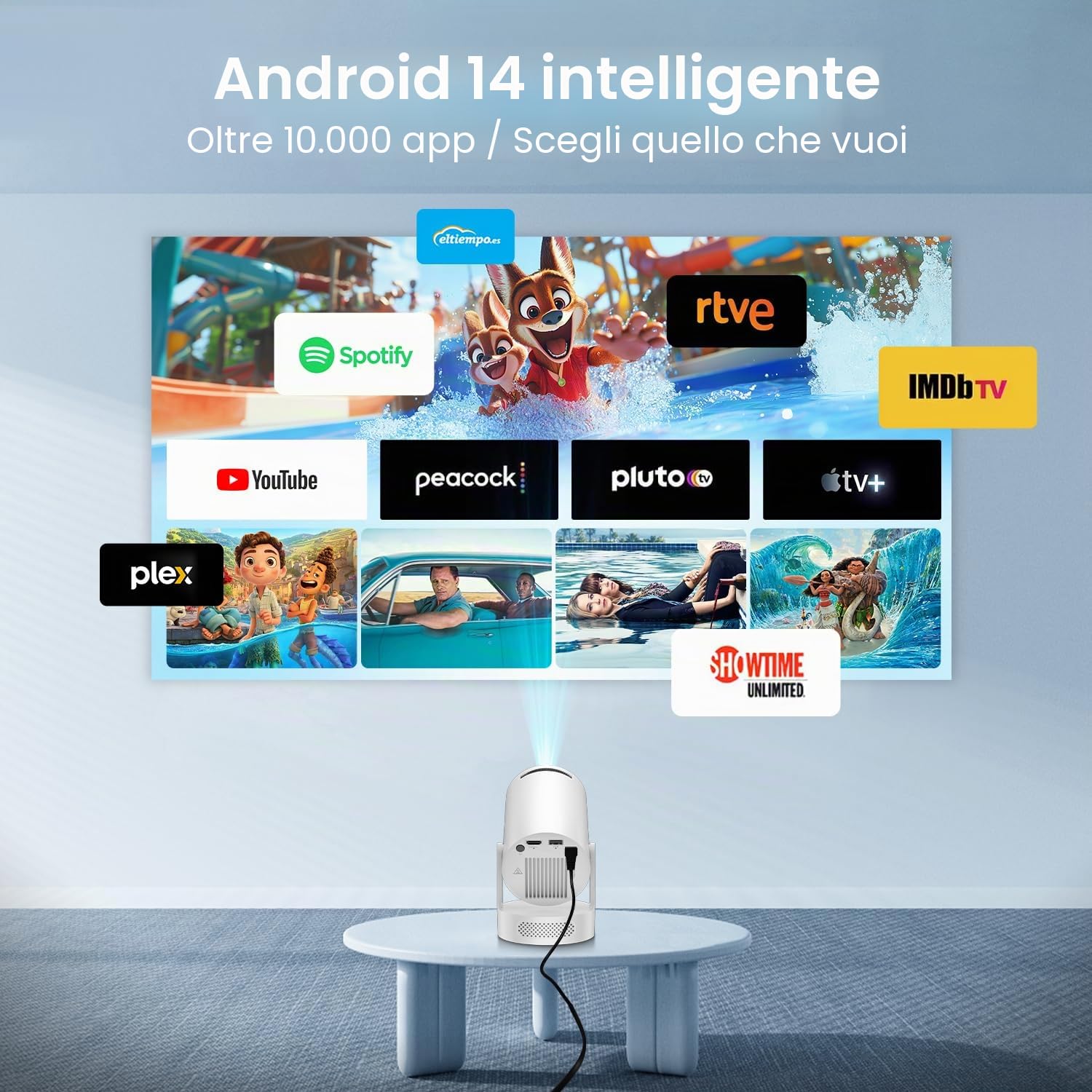 Salange Mini Proiettore 4K Supportato, Intelligente HD 1080P Supporta Android 14.0, Proiettore Cellulare Piccolo per Esterni, Girevole a 180°, Altoparlante Soundbass, Correzione
