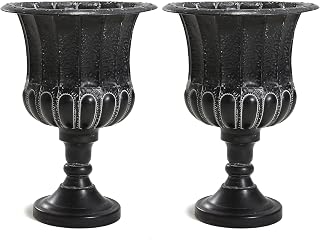 Worth Garden 25" H. Metal Urn Planters 2-Pack - Black Traditional Classic Iron Plant Pots - Large Decorative Rustic Flower Container for Patio, Front Porch, Outdoor Use