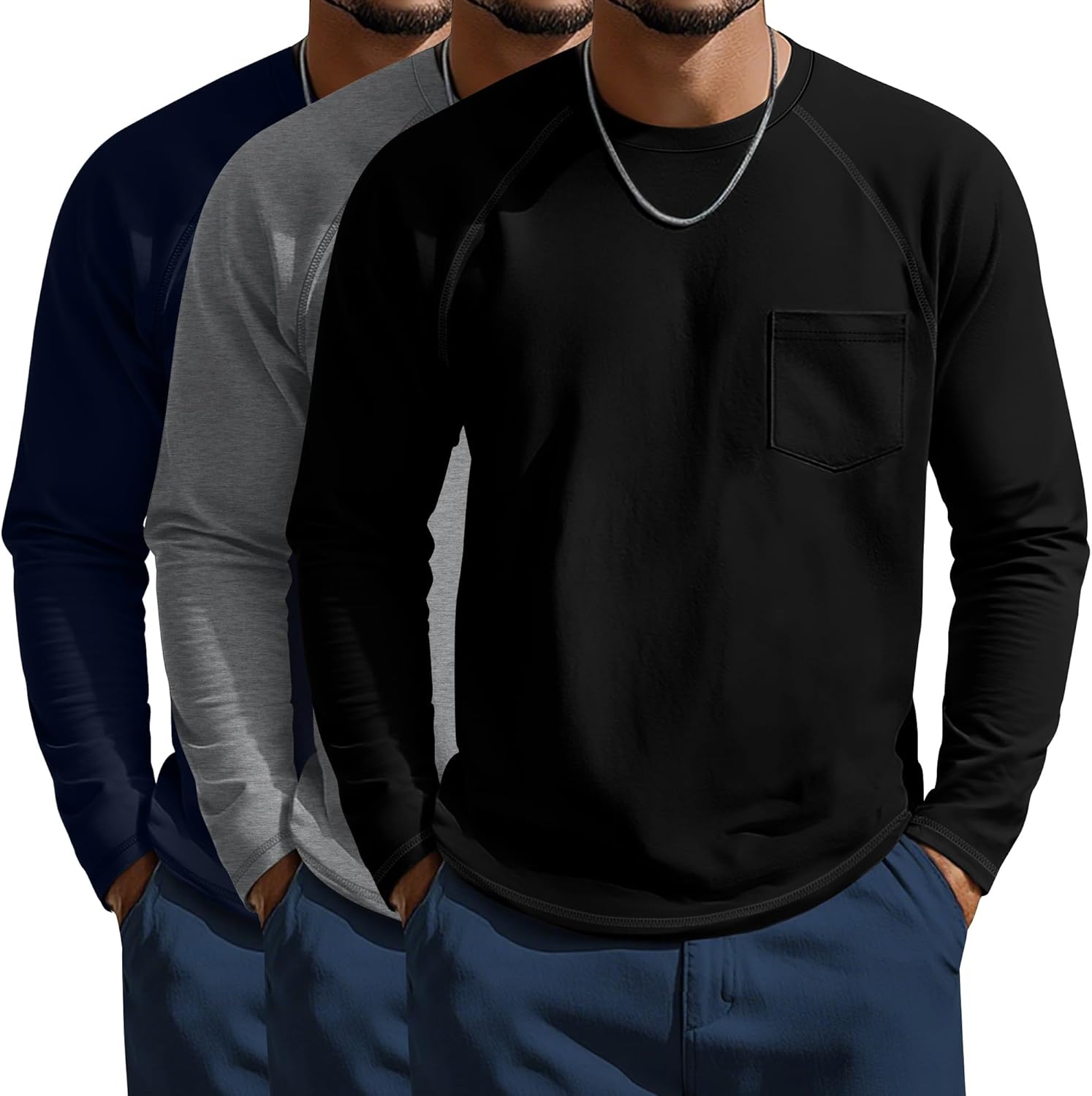 Neer 3 Pack Men's Big and Tall Shirts Long Sleeve Crew Neck Raglan Tops XL-7XL Plus Size Loose Casual Tees with Pocket