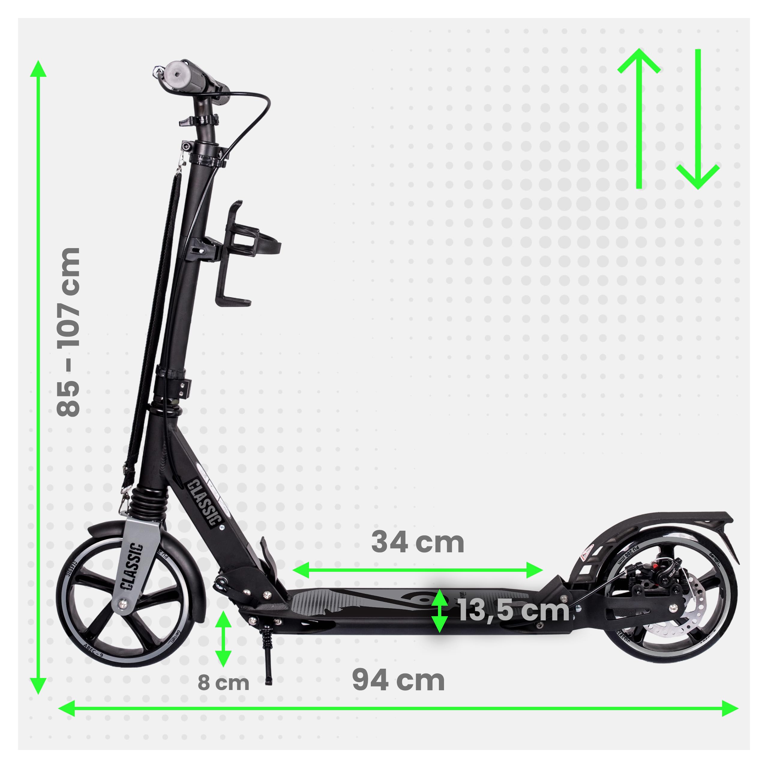 Bergen City Scooter Tretroller Classic klappbar - 200 mm Räder, Scheiben- & Fußbremse, 2× Federung, Aluminium Scooter höhenverstellbar, für Kinder ab 6 Jahre & Erwachsene bis 100 kg