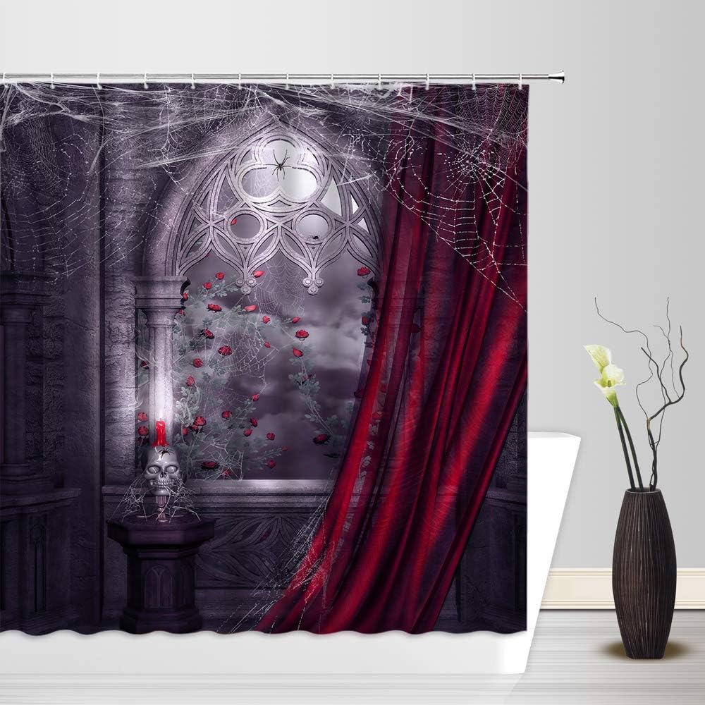 Gothic Shower Curtain Vintage Castle Rose Flower Spider Web Skull Skeleton Horror Halloween Retro Window Bathroom Decor Fabric Curtain with Hooks
