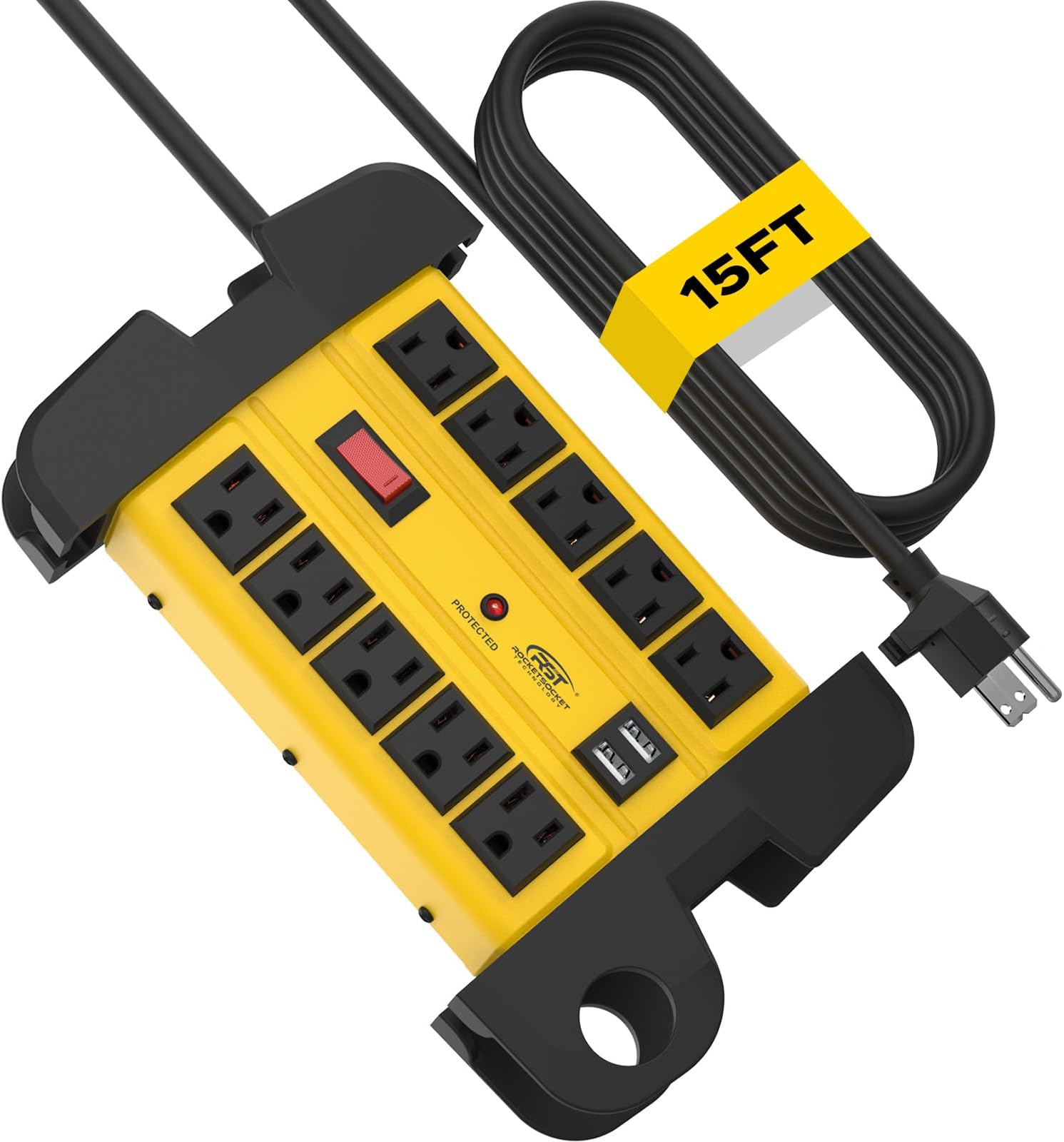 CRST Heavy Duty Power Strip with USB (3.1A), 10-Outlet Metal Surge Protector Power Strip with 15FT Cord (2800J), 15A Circuit Breaker, Wall Mount, ETL Listed
