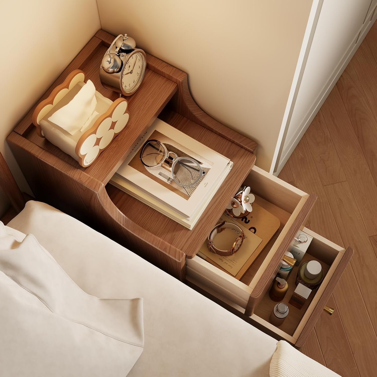 Narrow Nightstand with 2 Drawers,Walnut Nightstand,Bedside Table,Solid Wood Modern Bedside Table for Bedroom,Study,Toilet