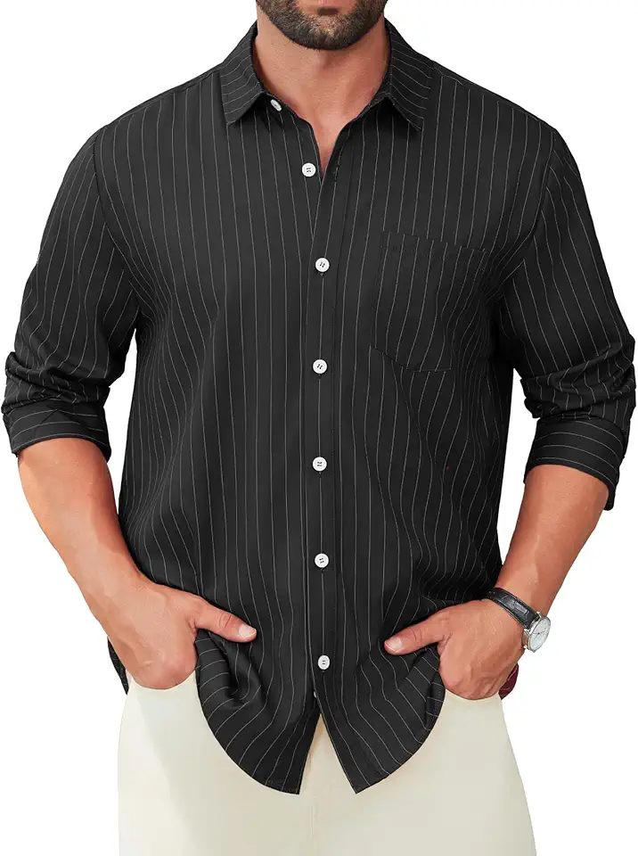 Hardaddy Men's Casual Striped Shirts Button Down Long Sleeve Blouse for Men Fall Winter